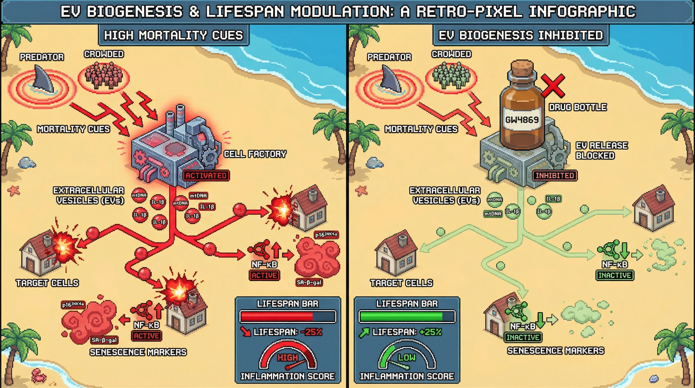 Infographic for: Extrinsic Mortality Cues Trigger a Conserved Extracellular Vesicle-Mediated Aging Program That Can Be Decoupled from Longevity Interventions