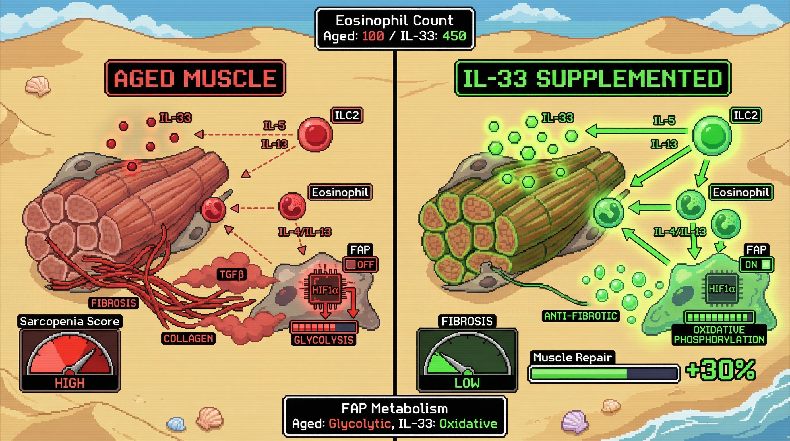 Infographic for: IL-33/ILC2 axis sustains eosinophil homeostasis in aged muscle via metabolic reprogramming of fibro-adipogenic progenitors