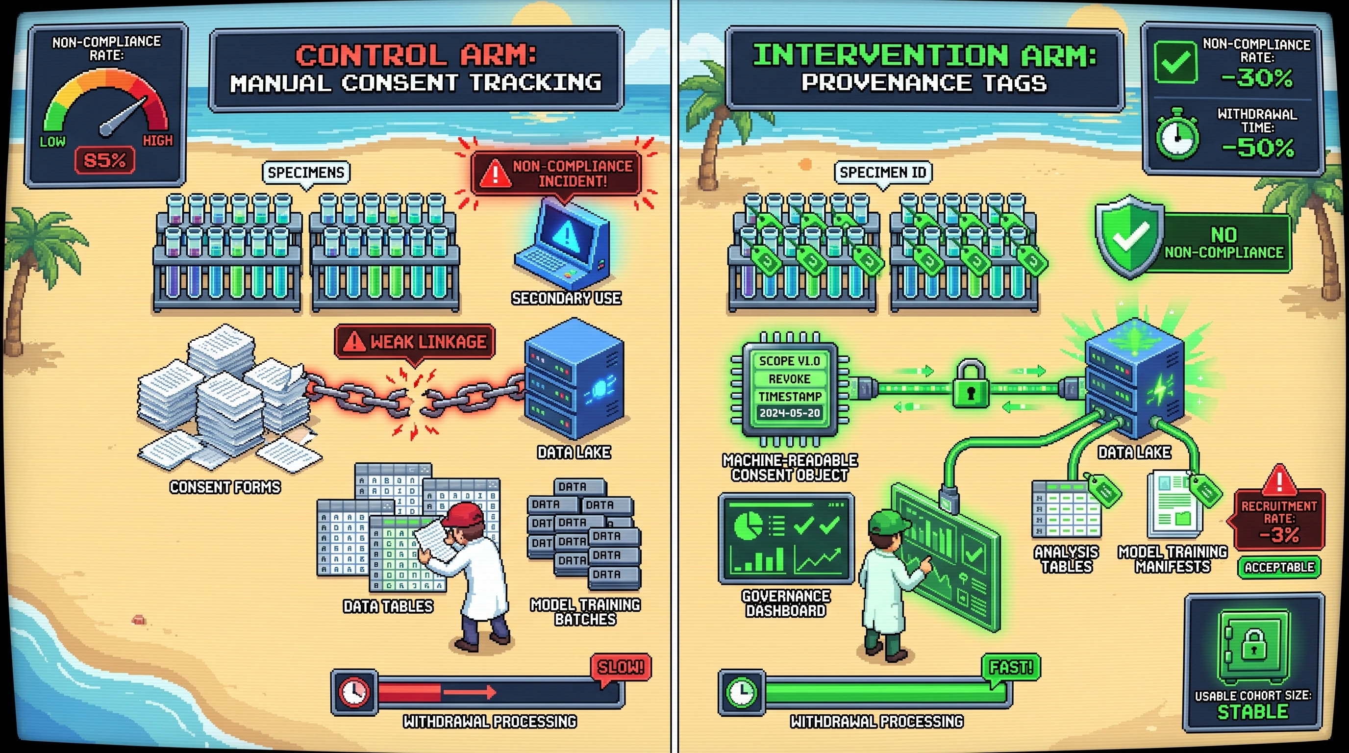 Infographic for: Hypothesis: Revocation-aware consent provenance tags can reduce noncompliant secondary use in rheumatology biobanks without materially degrading recruitment yield