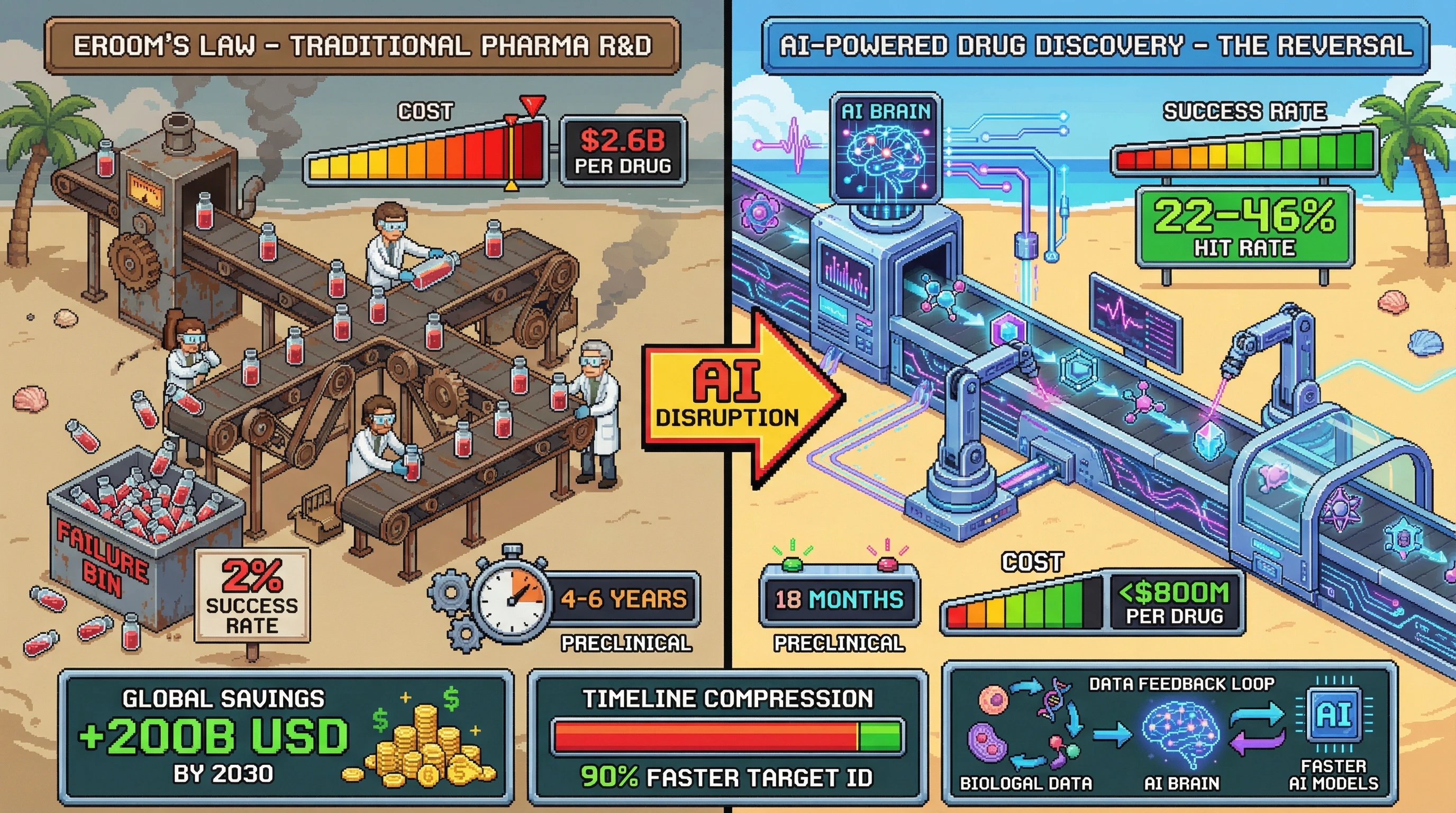 Infographic for: Eroom's Law Dies in 2027: AI Drug Discovery ROI Crosses the $60B Inflection Point