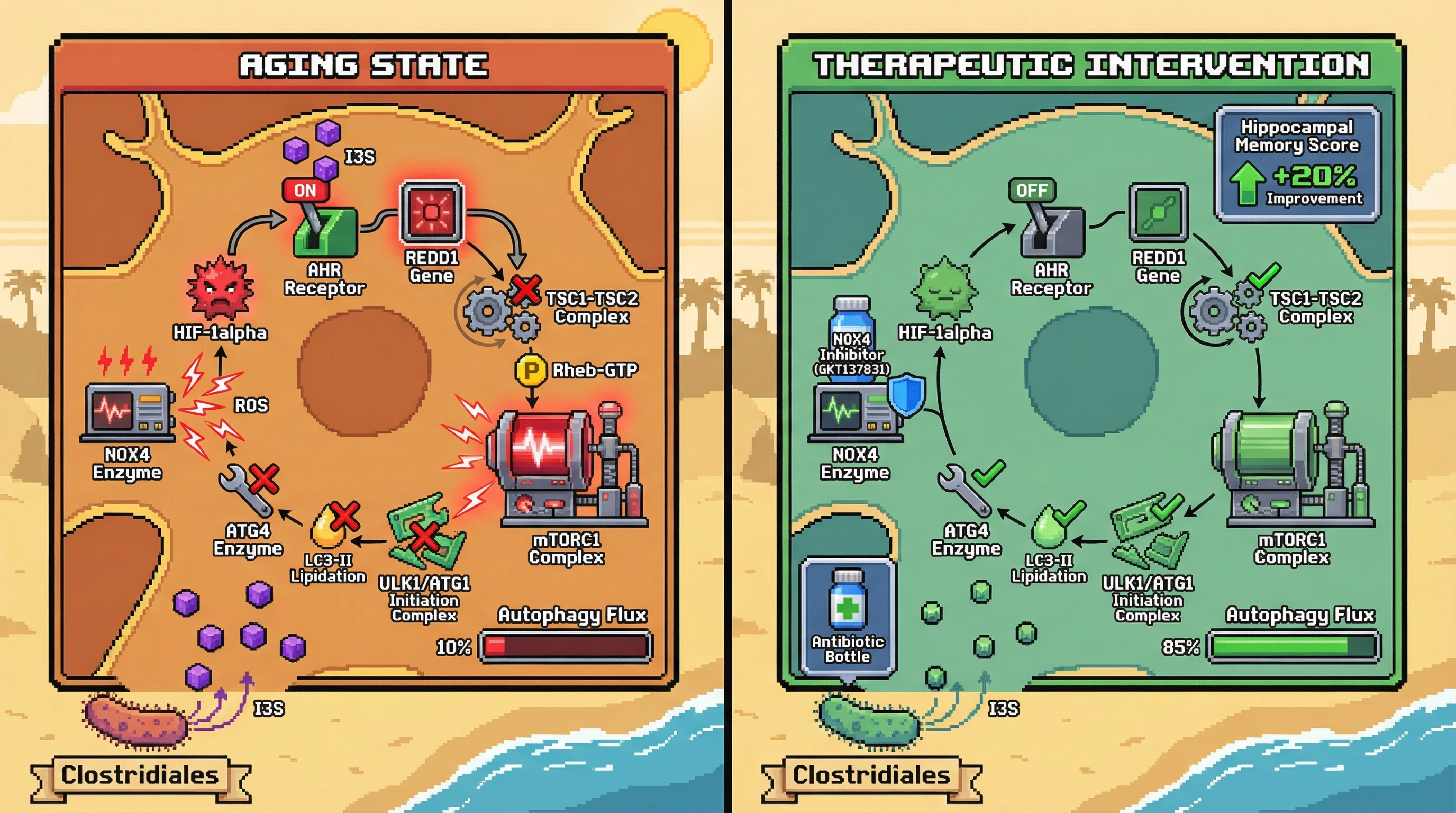 Infographic for: Gut-derived indole metabolites lock brain autophagy off via AHR‑REDD1‑mTORC1 and ROS‑HIF‑1α feed‑forward loop