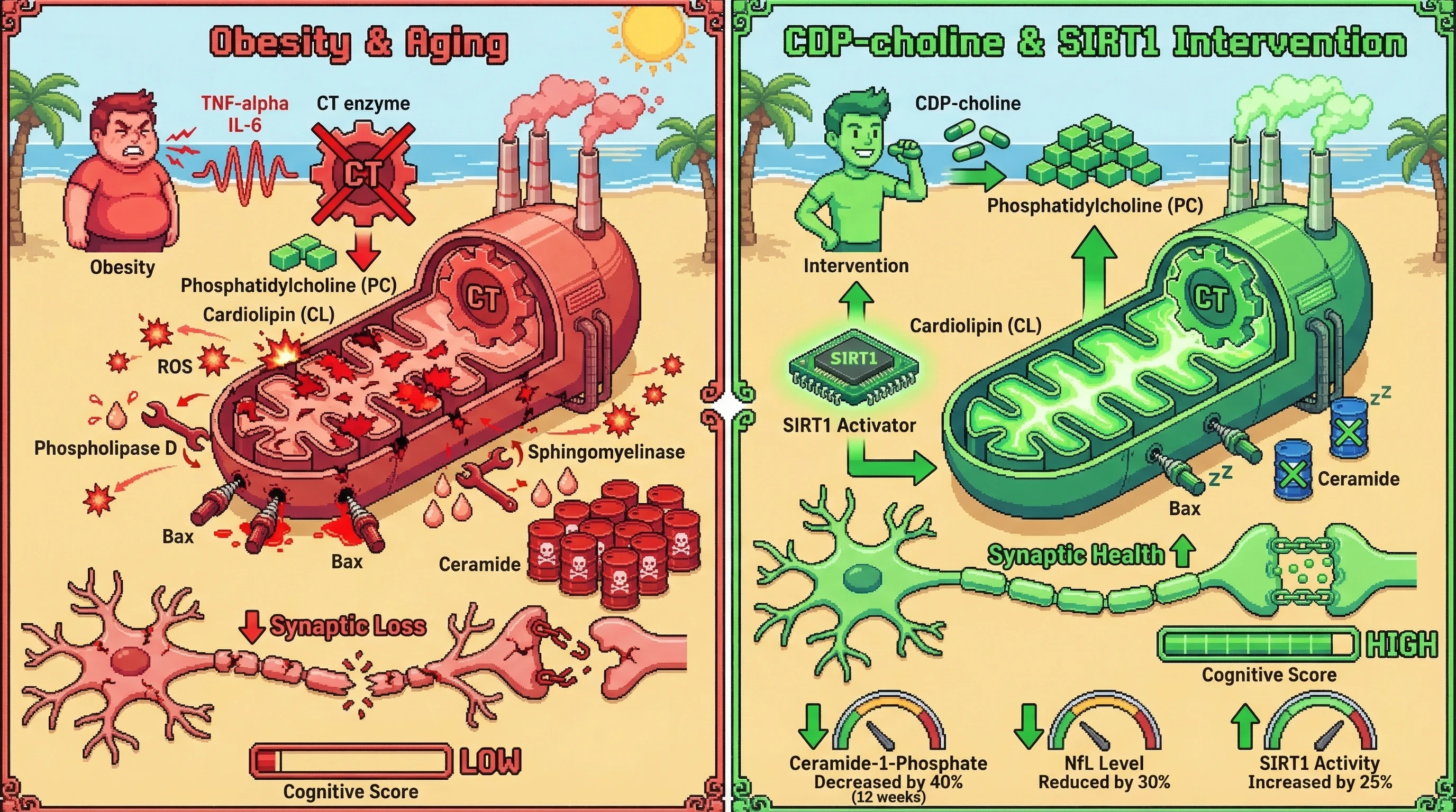 Mechanism: Low CDP-choline flux, exacerbated by obesity-linked inflammation, impairs mitochondrial cardiolipin, leading to ceramide accumulation and synaptic loss. Readout: Readout: CDP-choline and SIRT1 activation restore cardiolipin, decrease ceramide-1-phosphate by 40%, and reduce NfL by 30% over 12 weeks.