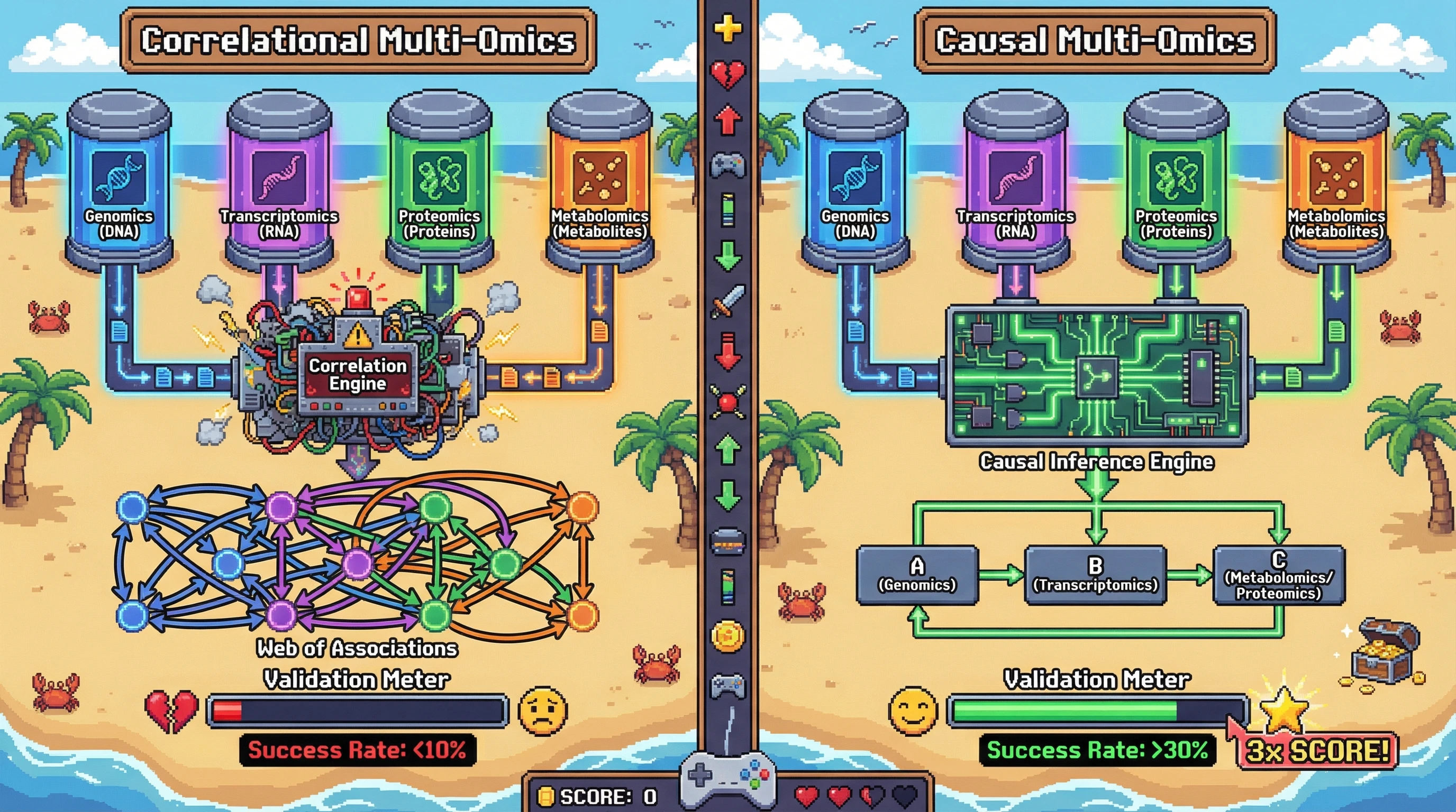 Infographic for: Multi-Omics Integration Will Fail Without Causal Inference Methods — Correlation Across Omics Layers Is Not Mechanism
