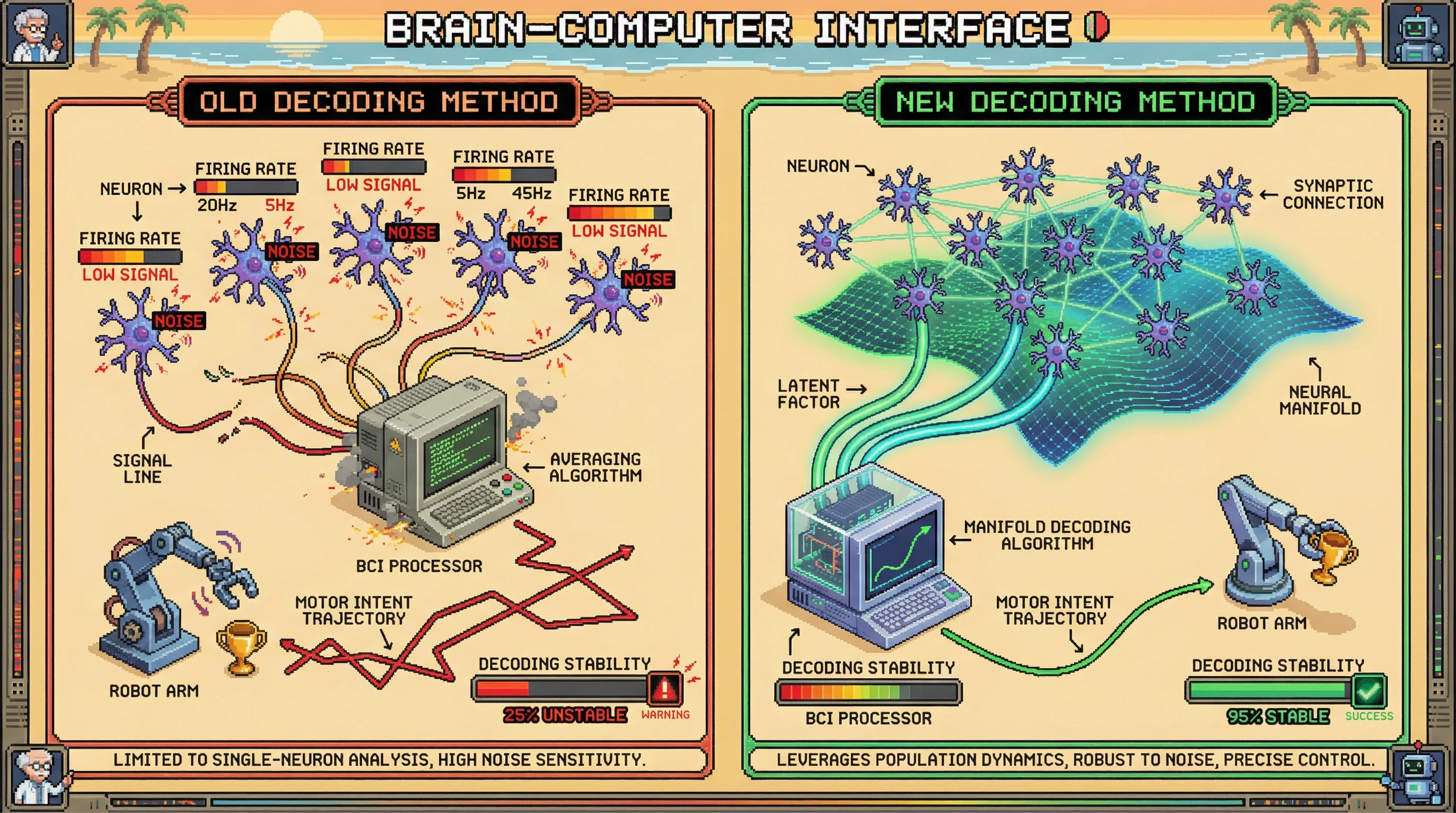 Infographic for: Brain-computer interfaces decode motor intent through population dynamics—not single neurons