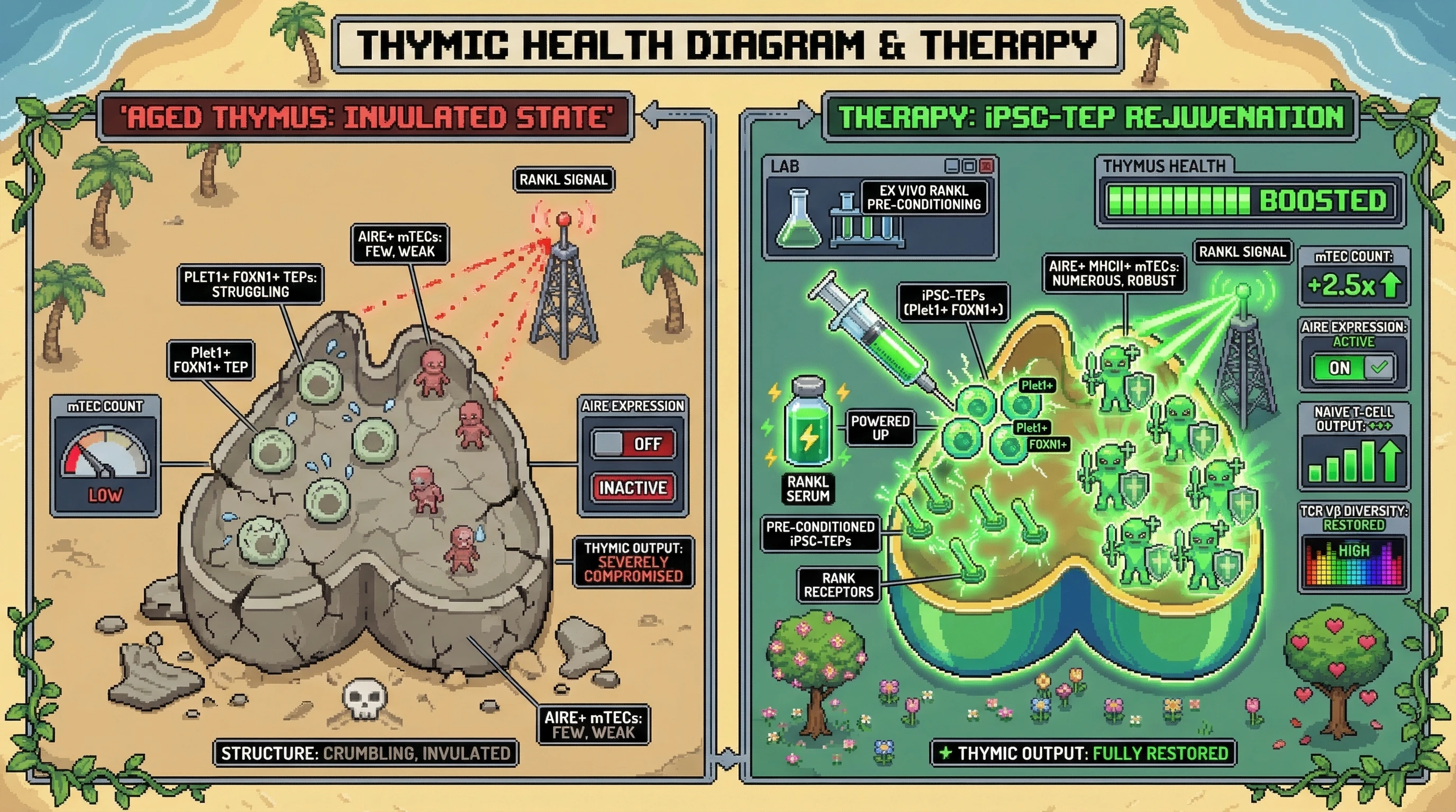 Infographic for: Ex vivo RANKL pre-conditioning of autologous iPSC-derived FOXN1+ thymic epithelial progenitors resolves the prolifera...