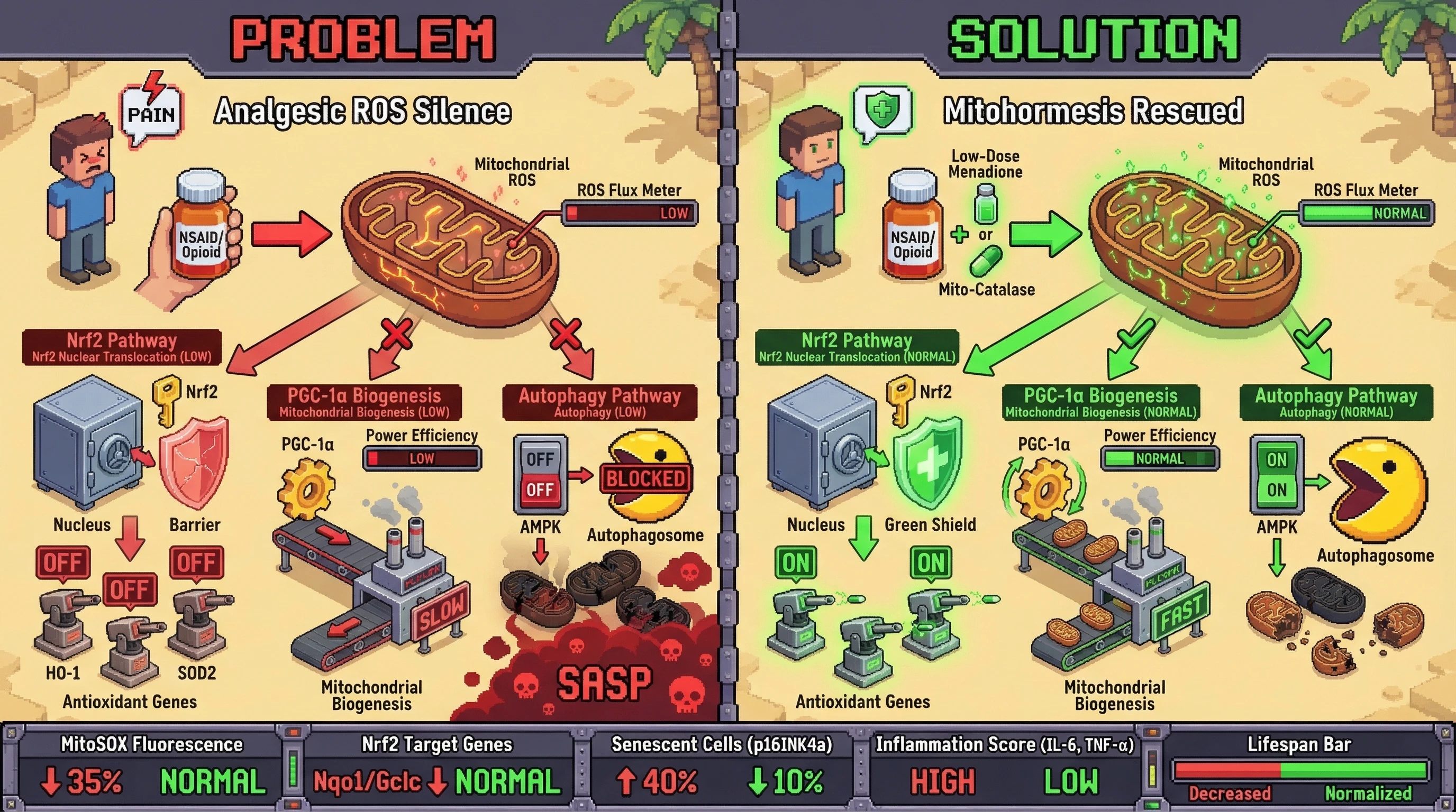 Infographic for: Hypothesis: Long‑term NSAID/opioid use blunts low‑level mitochondrial ROS hormesis, driving premature inflammaging