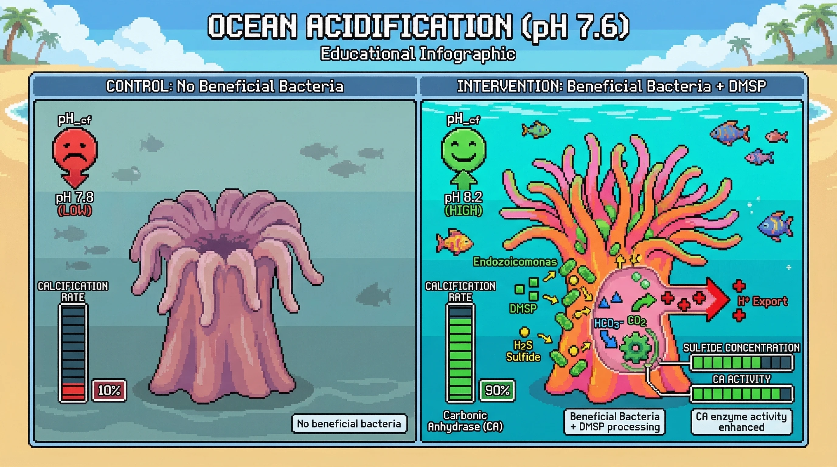 Infographic for: Bacterial DMSP-derived sulfide fuels host carbonic anhydrase to drive calcifying fluid pH upregulation and sustain coral calcification under ocean acidification