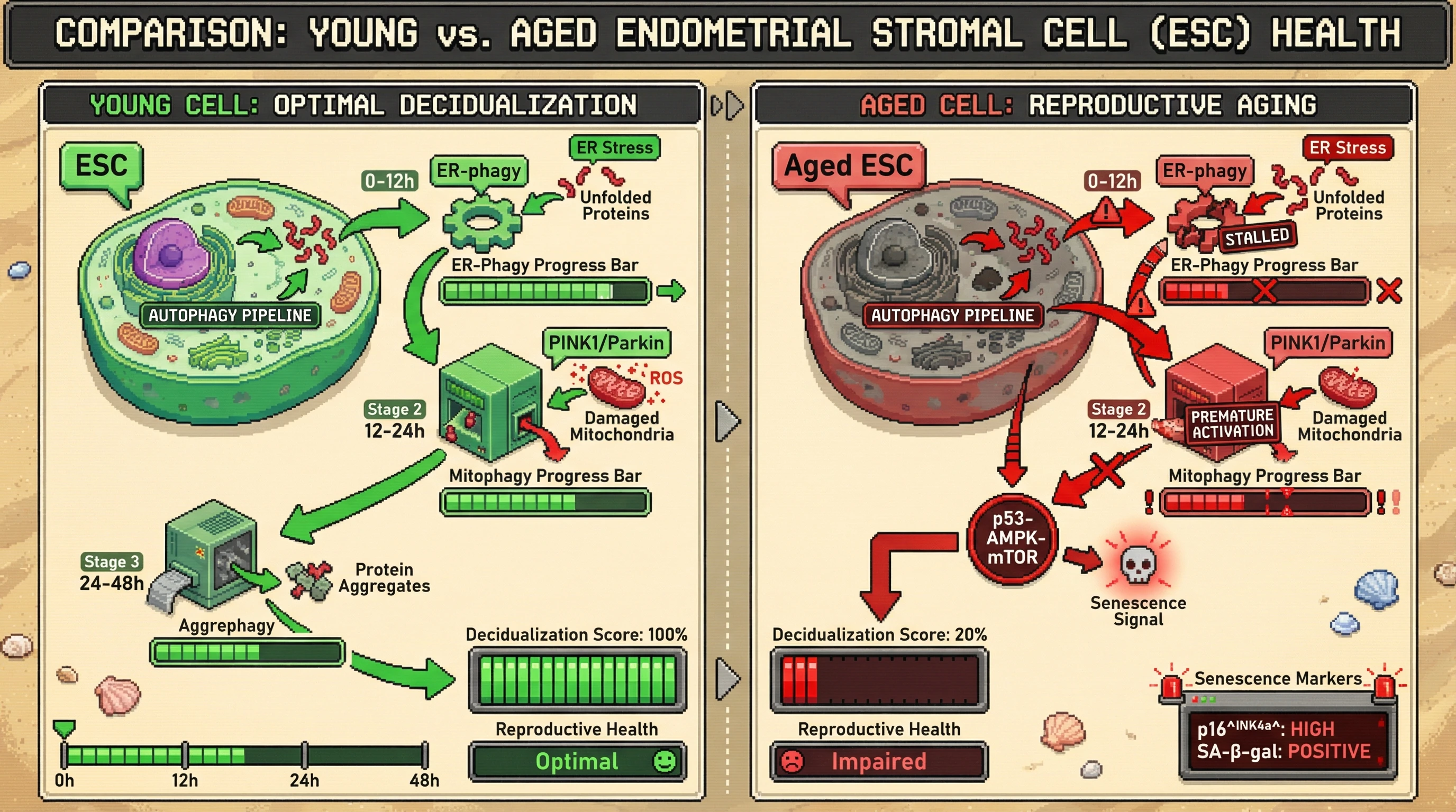 Mechanism: Optimal decidualization requires a precise temporal sequence of selective autophagy, starting with ER-phagy before mitophagy. Readout: Readout: Disrupting this order in aged cells leads to increased senescence markers (p16^INK4a^, SA-β-gal) and impaired decidualization (low PRL, IGFBP1).