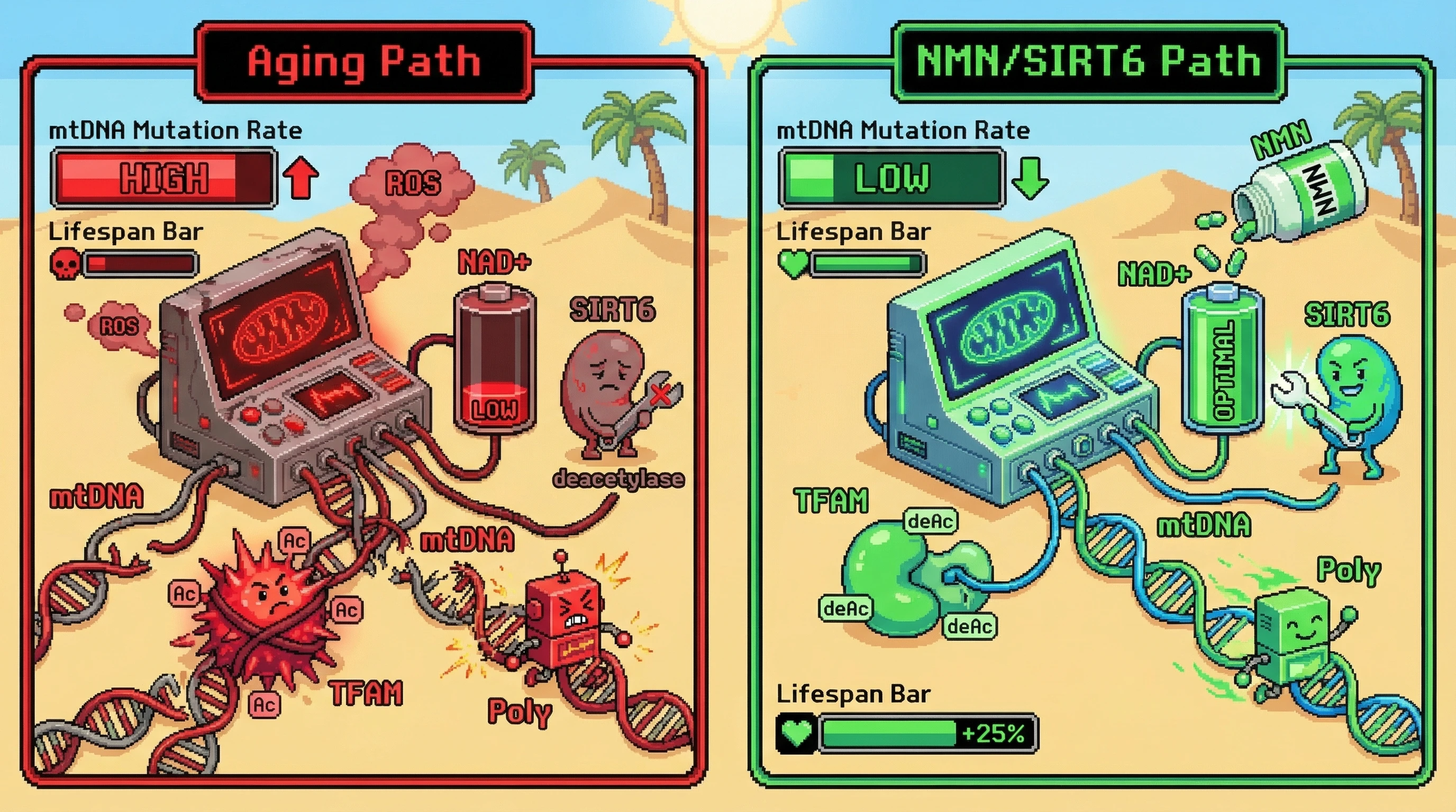 Infographic for: SIRT6‑dependent deacetylation of TFAM limits mtDNA mutagenesis independently of NAD+‑driven mitochondrial biogenesis