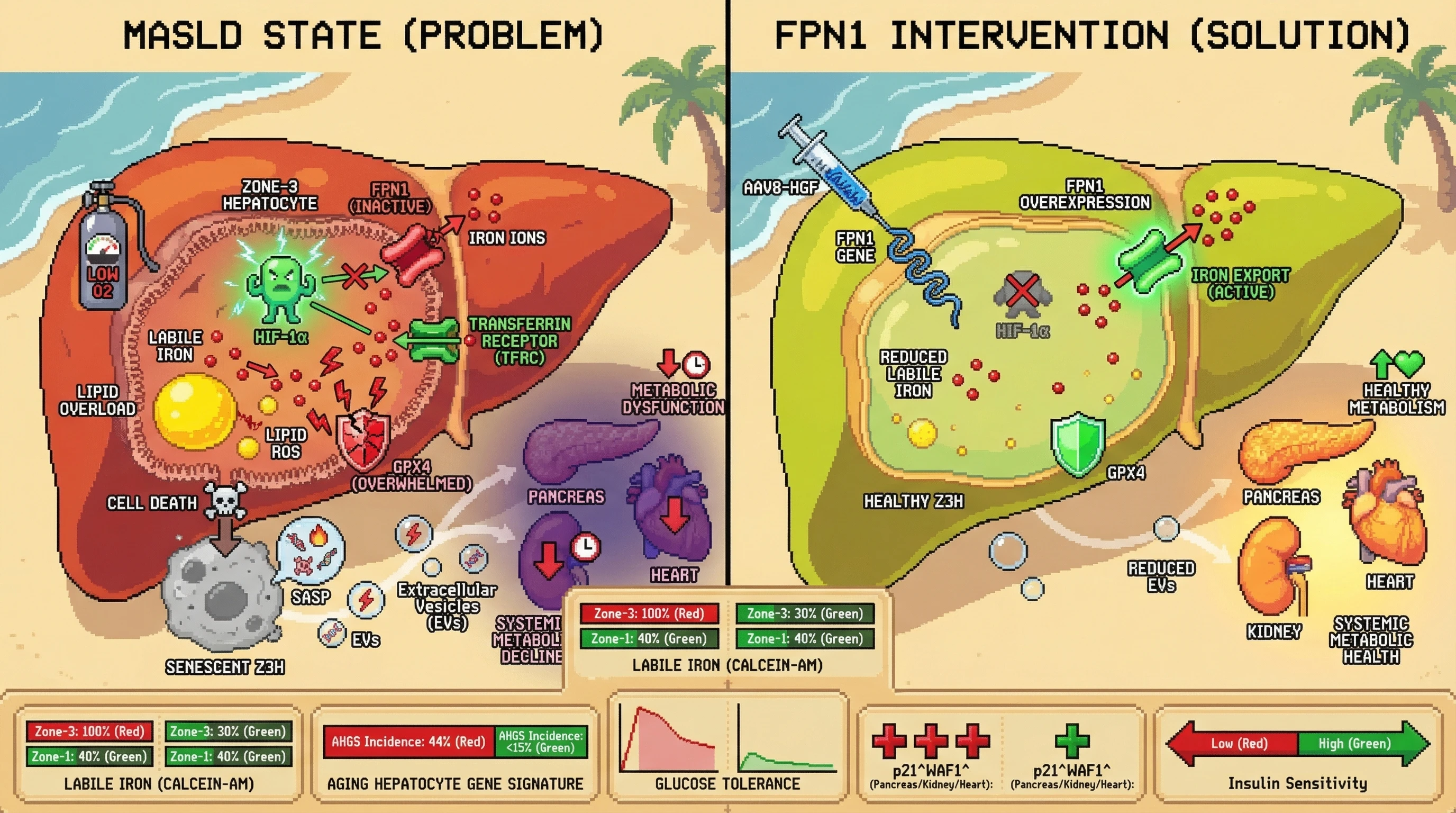 Mechanism: In MASLD, impaired ferroportin in zone-3 hepatocytes leads to iron accumulation and ferroptotic senescence, spreading oxidized lipids and mtDNA via EVs to distant organs. Readout: Readout: Overexpressing ferroportin reduces liver aging gene signatures from 44% to <15% and improves systemic insulin sensitivity.