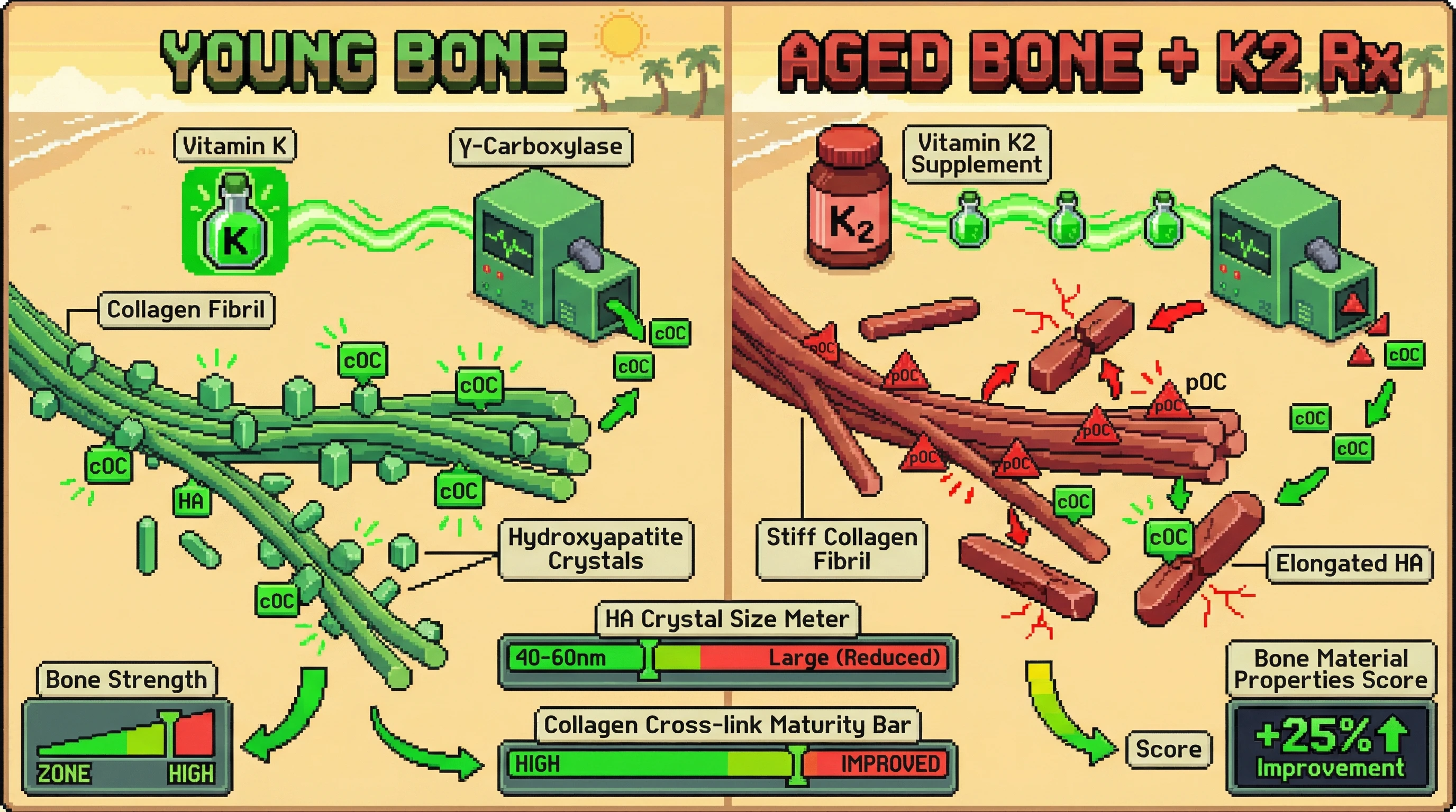 Mechanism: Vitamin K2 supplementation in aged bone restores osteocalcin carboxylation, shifting binding from collagen to hydroxyapatite and normalizing bone matrix structure. Readout: Readout: This intervention reduces hydroxyapatite crystal elongation and improves collagen cross-link maturity, leading to a 25% improvement in bone material properties.