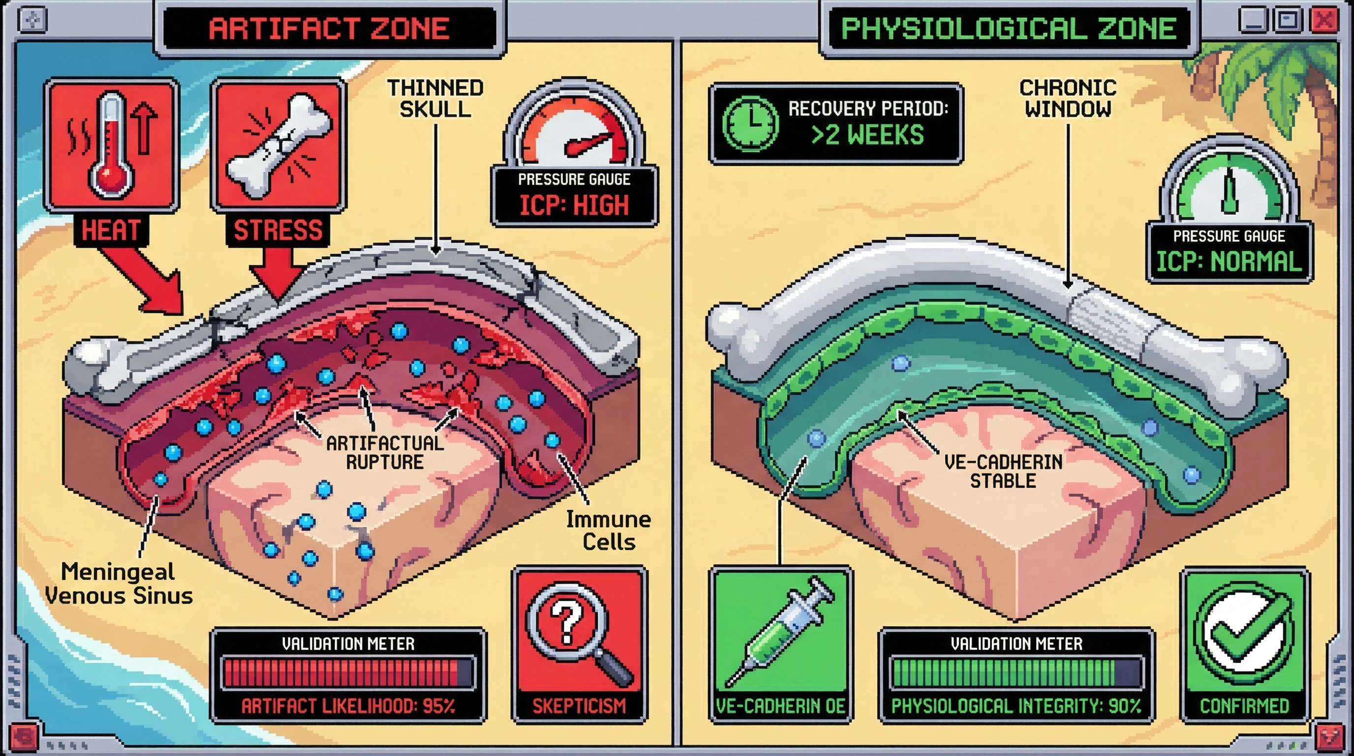 This infographic compares the proposed 'ruffling' behavior of meningeal venous sinus endothelial cells (left) as a potential artifact of skull thinning preparations, against a scenario with proper controls (right) to determine true physiological function and immune cell entry.