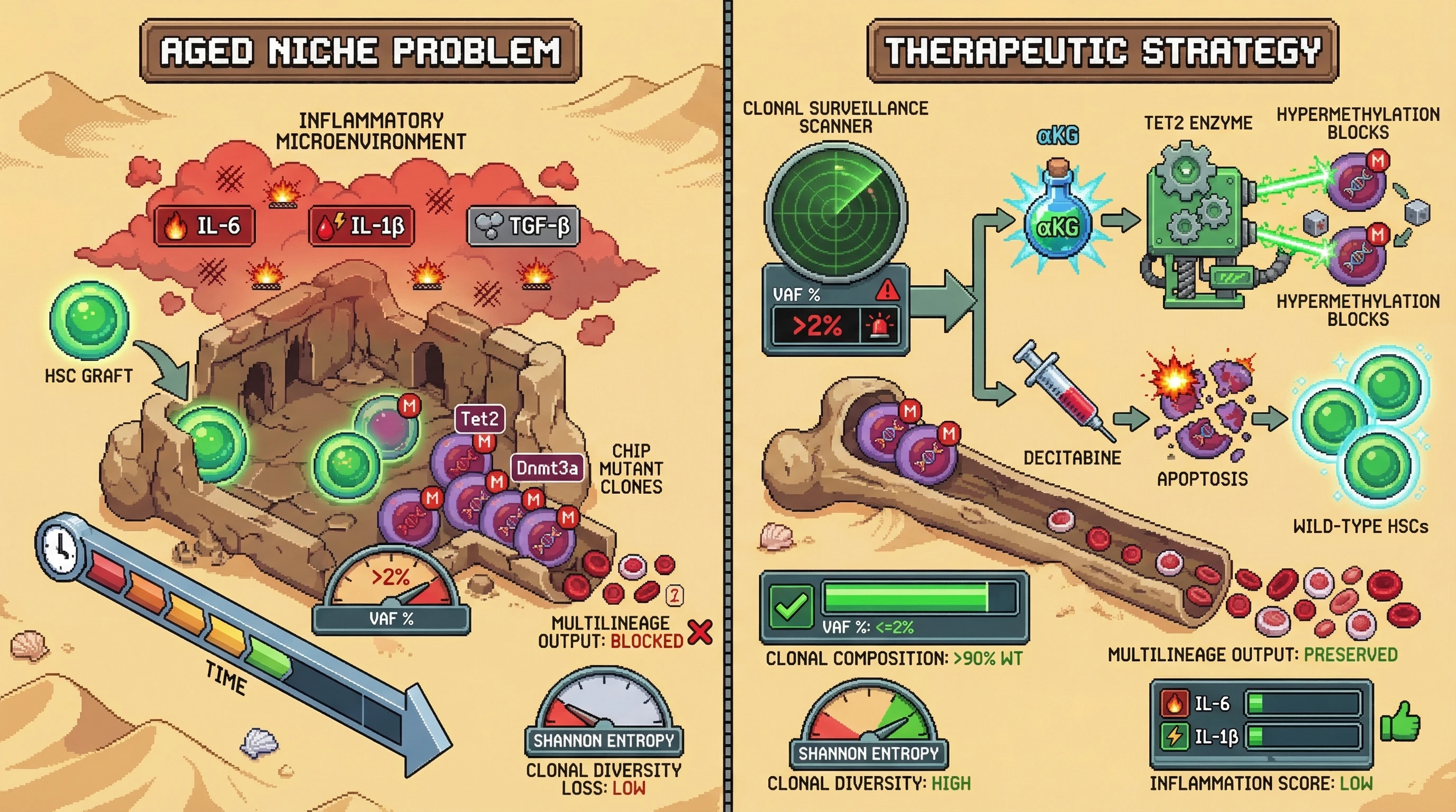 Mechanism: Serial surveillance detects emergent CHIP clones, triggering αKG supplementation to restore TET2 activity and low-dose decitabine to induce apoptosis in mutant cells. Readout: Readout: This strategy maintains 90% wild-type clonal composition, preserves multilineage output, and suppresses pro-inflammatory myeloid skewing over 6 months.