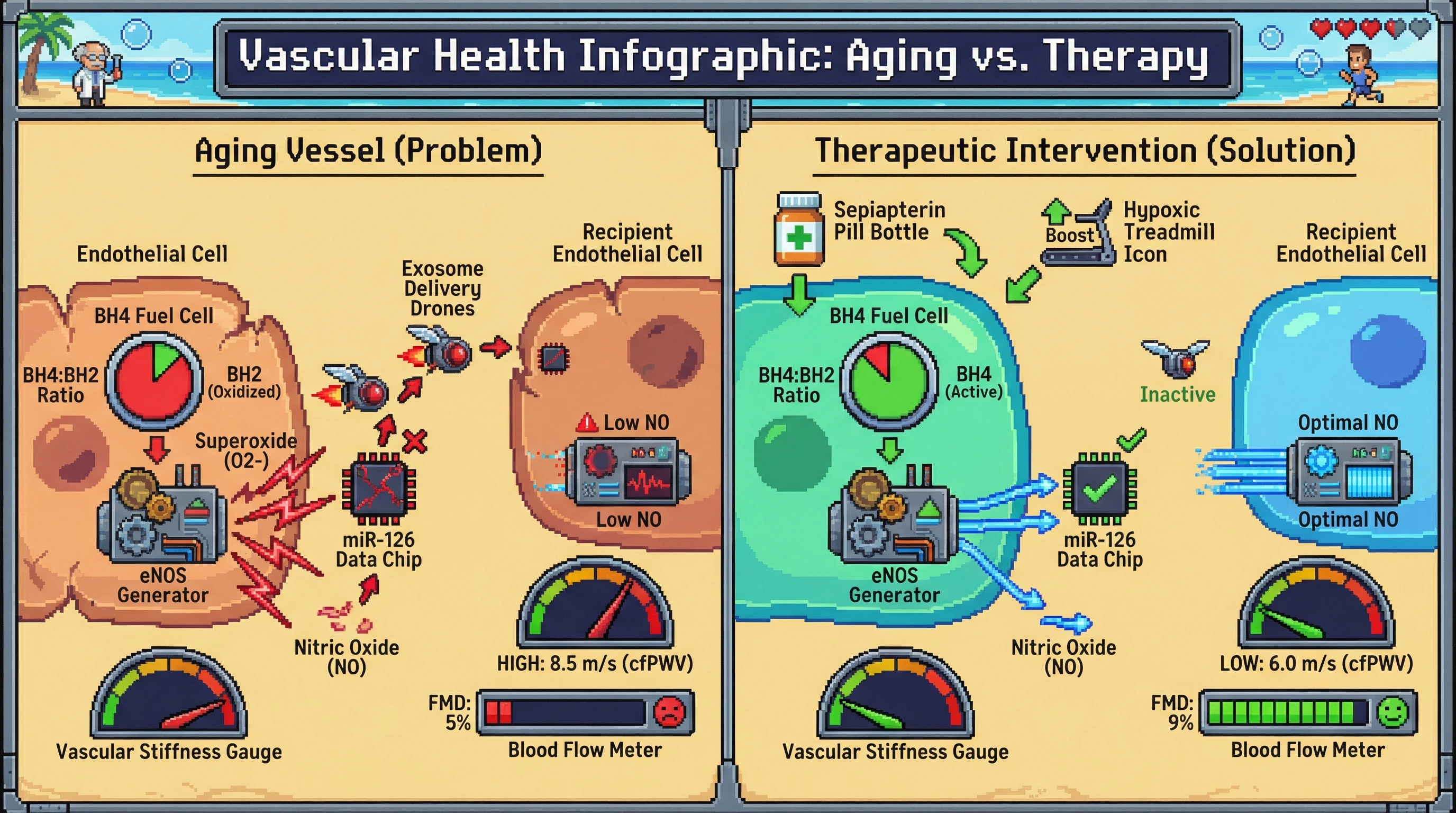Mechanism: Combined sepiapterin and hypoxic exercise restores the BH4:BH2 ratio, preventing eNOS uncoupling and reducing exosomal miR-126 transfer. Readout: Readout: This intervention decreases vascular stiffness and improves flow-mediated dilation (FMD) compared to an aging vascular state.