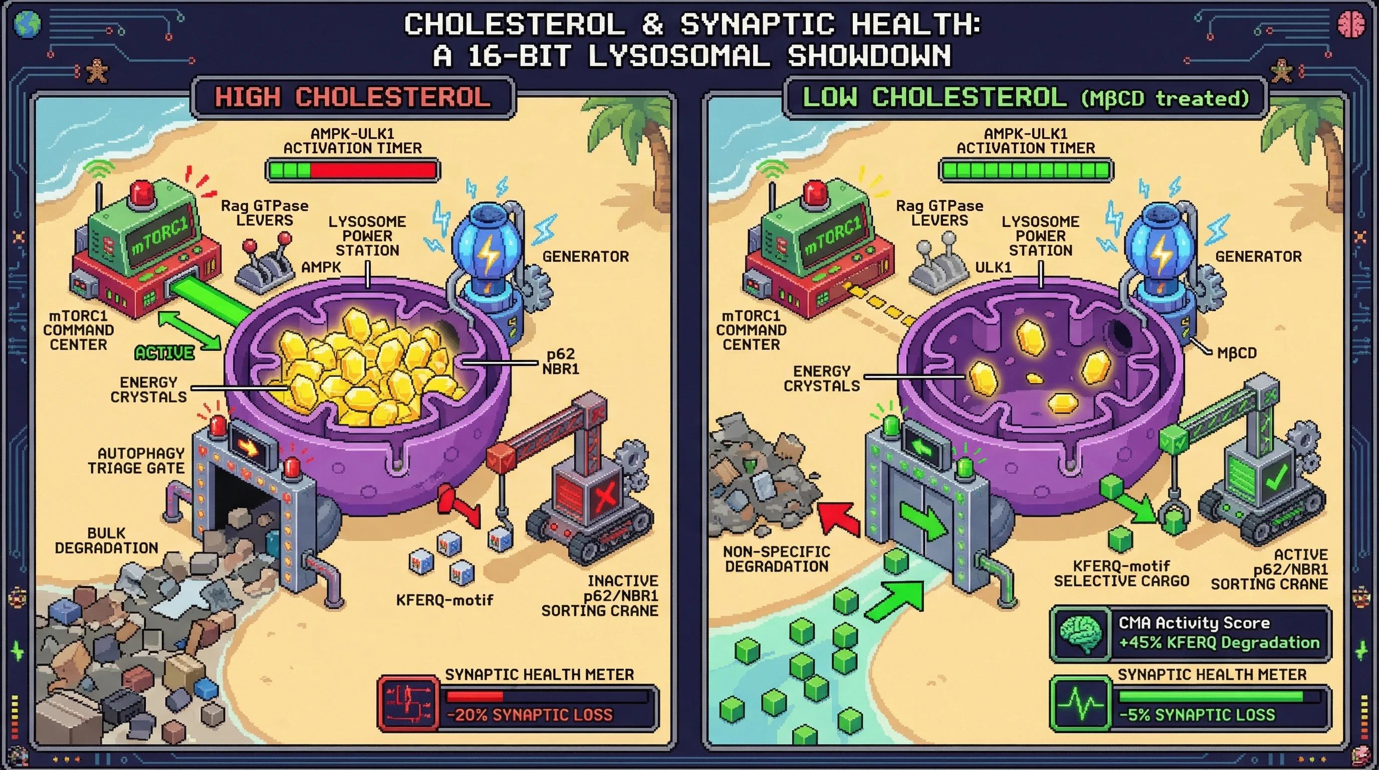 Mechanism: Lysosomal cholesterol levels regulate mTORC1 reactivation, dictating the duration of AMPK-ULK1 activity and consequently biasing cells towards either bulk or selective autophagy. Readout: Readout: Pharmacological depletion of lysosomal cholesterol increases KFERQ-motif protein degradation via CMA and reduces synaptic loss.