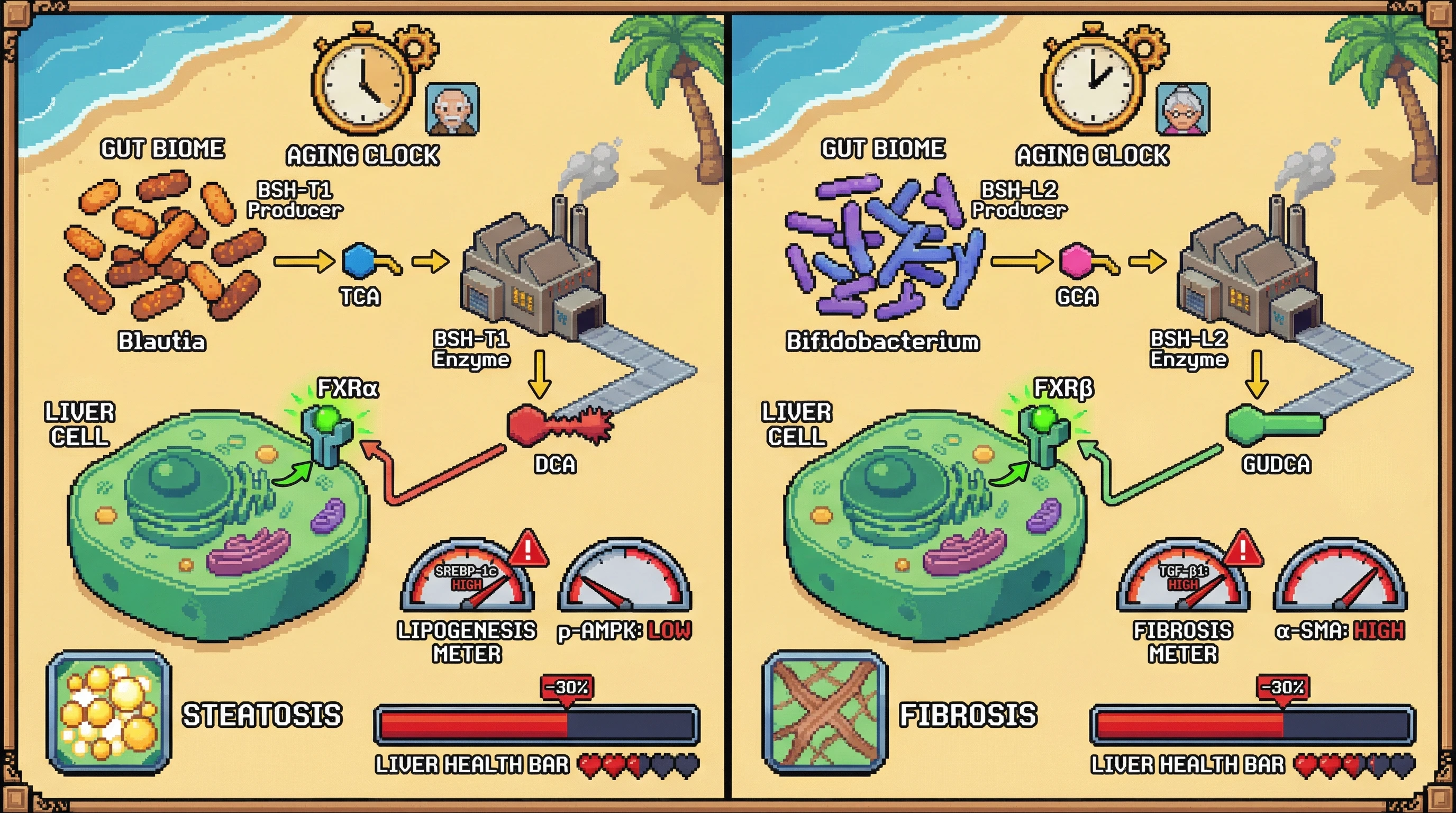 Infographic for: Sex‑SpecificBSH Isoform Kinetics Shape Hepatic FXR Isoform Bias and Drive Divergent Age‑Related Liver Pathologies