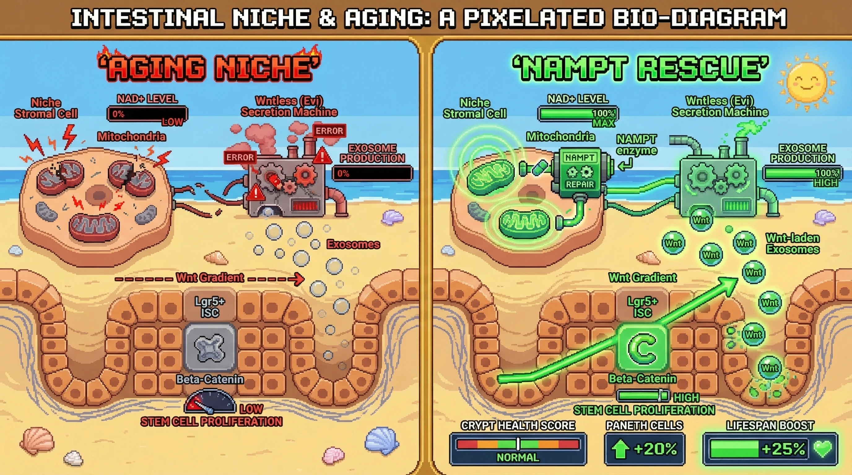 Infographic for: Mitochondrial NAD+ Deficiency in Niche Stromal Cells Drives Wnt Gradient Collapse via Impaired Exosomal Wntless Secretion in Aging Intestine