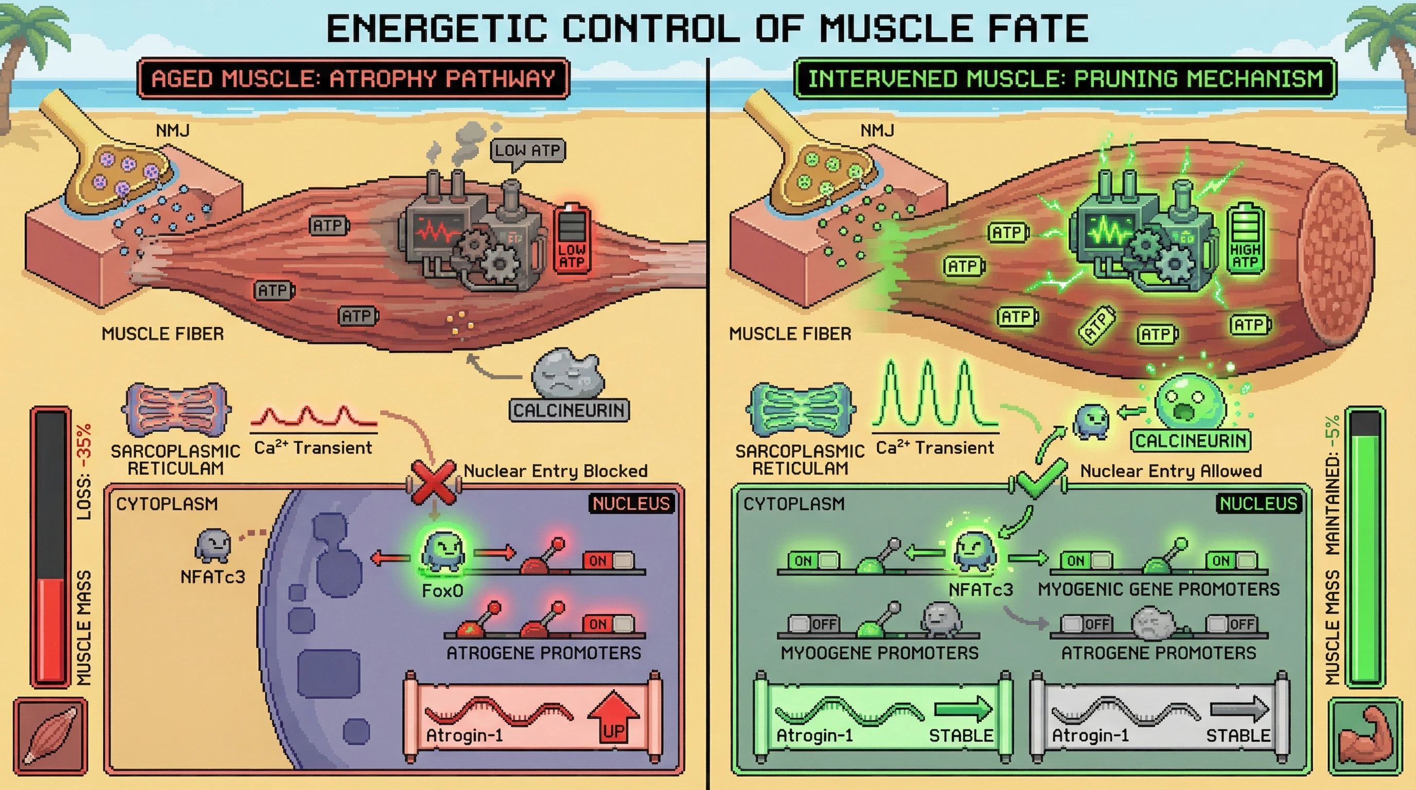 Mechanism: Aging reduces mitochondrial ATP at the NMJ, shifting NFATc3 to the cytoplasm and driving muscle atrophy via atrogene expression. Readout: Readout: Local ATP restoration maintains NFATc3 nuclear localization, blocking atrogene upregulation and preventing muscle fiber atrophy to <15%.