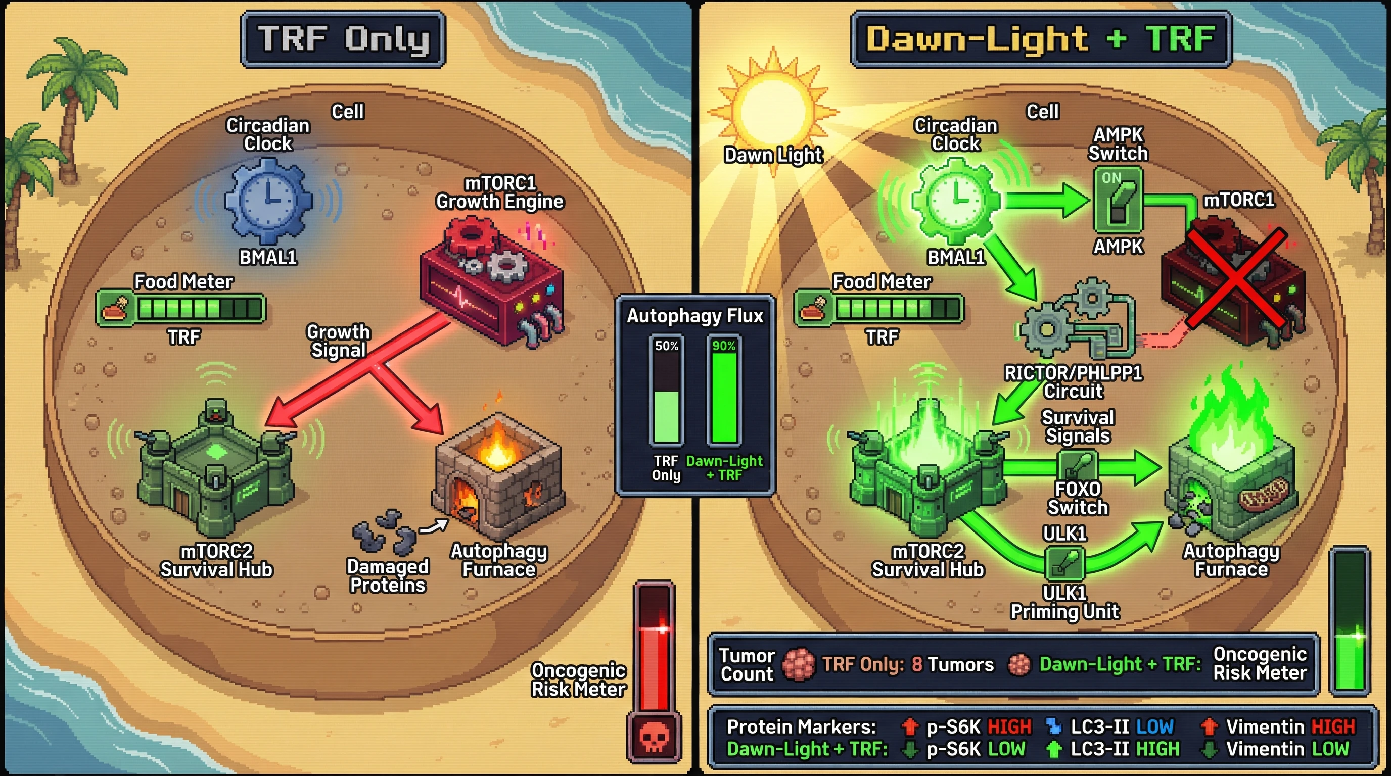 Infographic for: Dawn‑light amplified mTOR oscillations drive tissue‑specific autophagy and suppress oncogenic reprogramming when combined with time‑restricted feeding