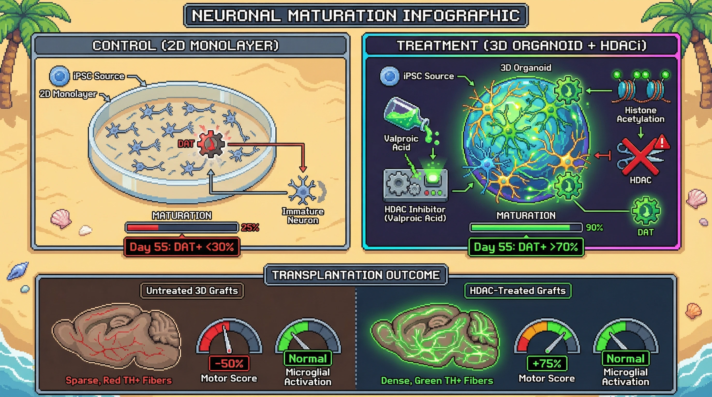 Mechanism: Transient HDAC inhibition in 3D midbrain organoids enhances histone acetylation, sustaining DAT expression and dopaminergic neuron maturation. Readout: Readout: Treated grafts show 2-fold increase in TH+ fibers and improved motor scores, without increasing microglial activation.