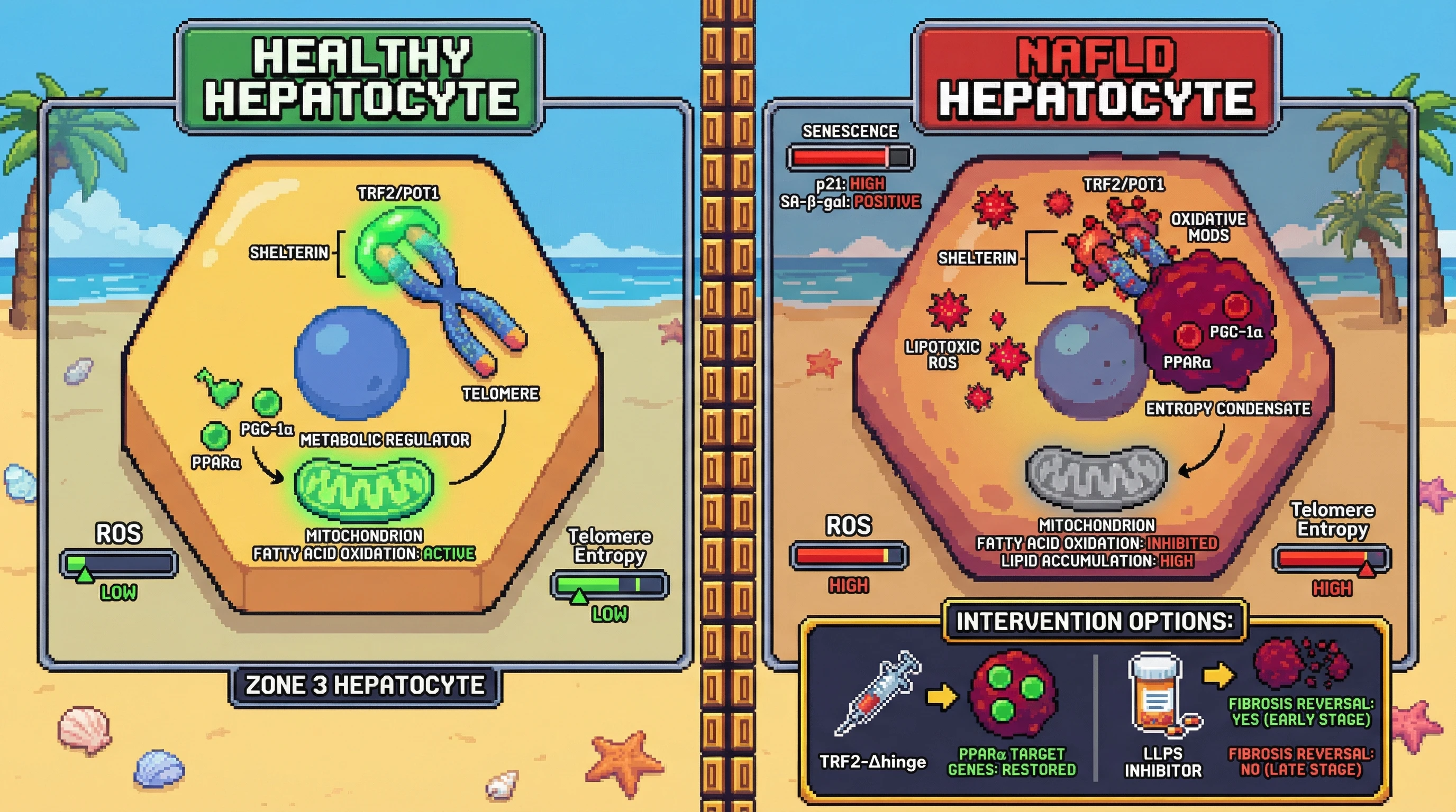 Infographic for: Telomere Entropy Threshold Hypothesis: Oxidative Damage Induces Shelterin Phase Separation to Gate NAFLD Progression