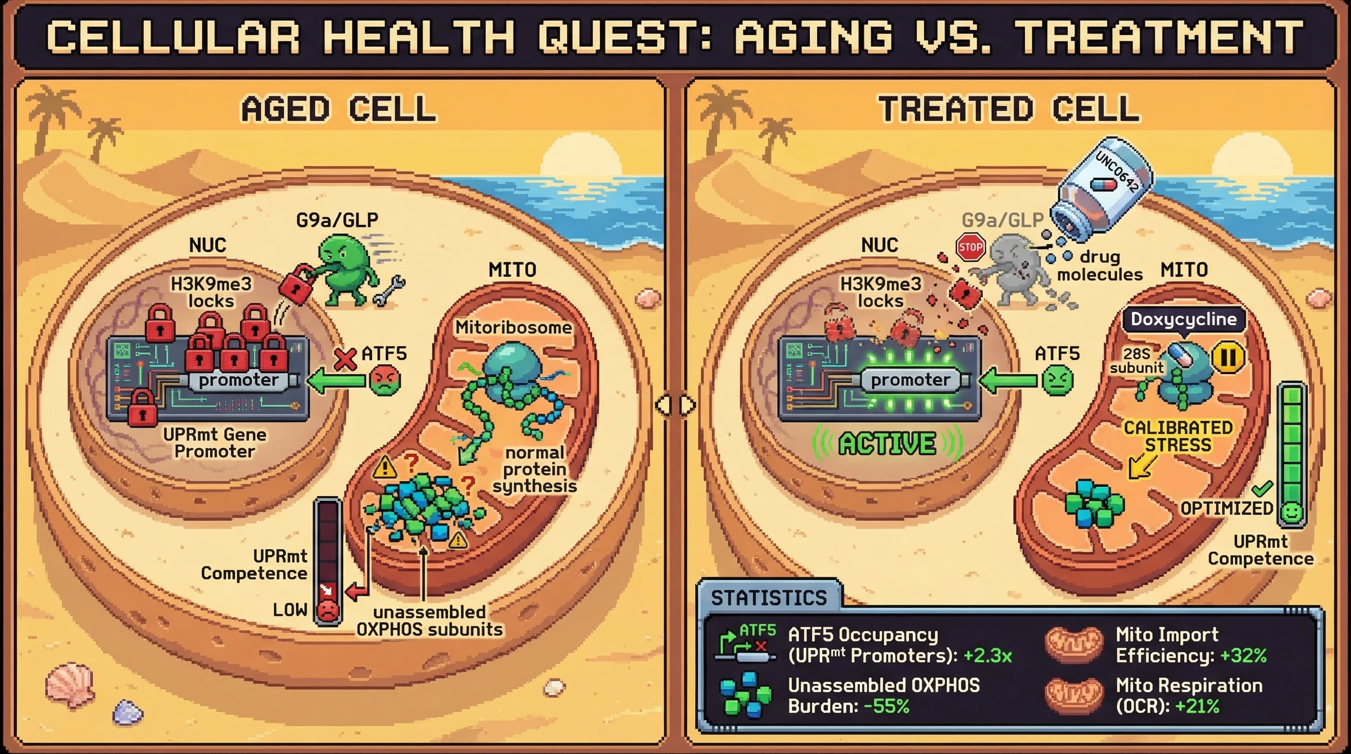Infographic for: Sequential epigenetic "unlocking" of silenced UPRmt genes by G9a inhibition followed by low-dose doxycycline mitoribo...