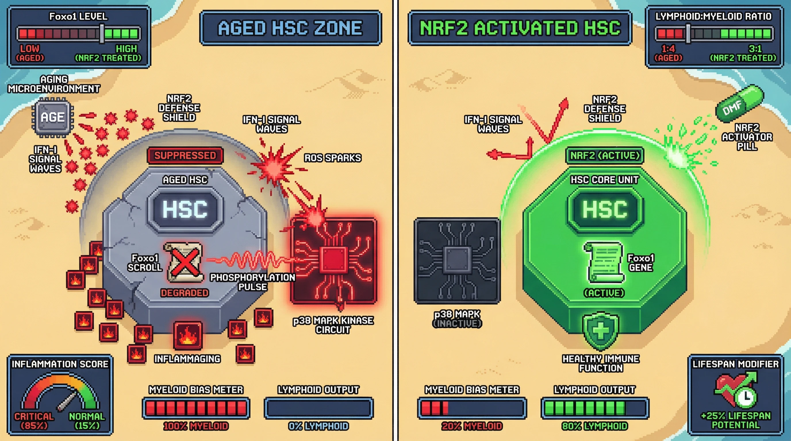 Infographic for: Tonic IFN-I–Driven Foxo1 Suppression in Hematopoietic Stem Cells Skews Aging Hematopoiesis Toward Myeloid Lineage and Is Reversible by NRF2 Activation