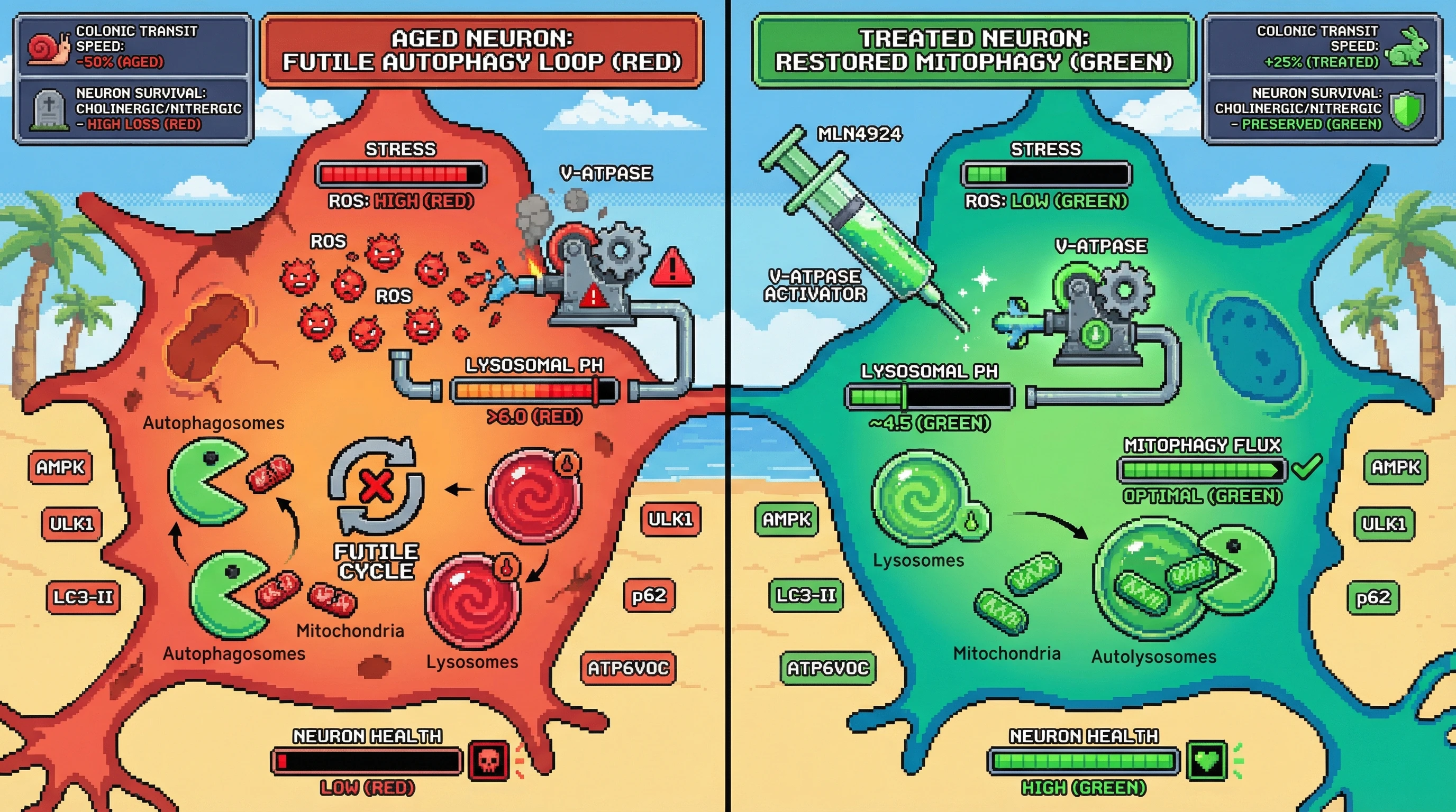 Mechanism: Oxidative stress in aged neurons blocks V-ATPase, preventing lysosomal acidification and creating a futile autophagy loop that depletes ATP and causes neuronal loss. Readout: Readout: Pharmacological re-acidification restores mitophagy, preserving cholinergic/nitrergic neurons and increasing colonic transit speed.