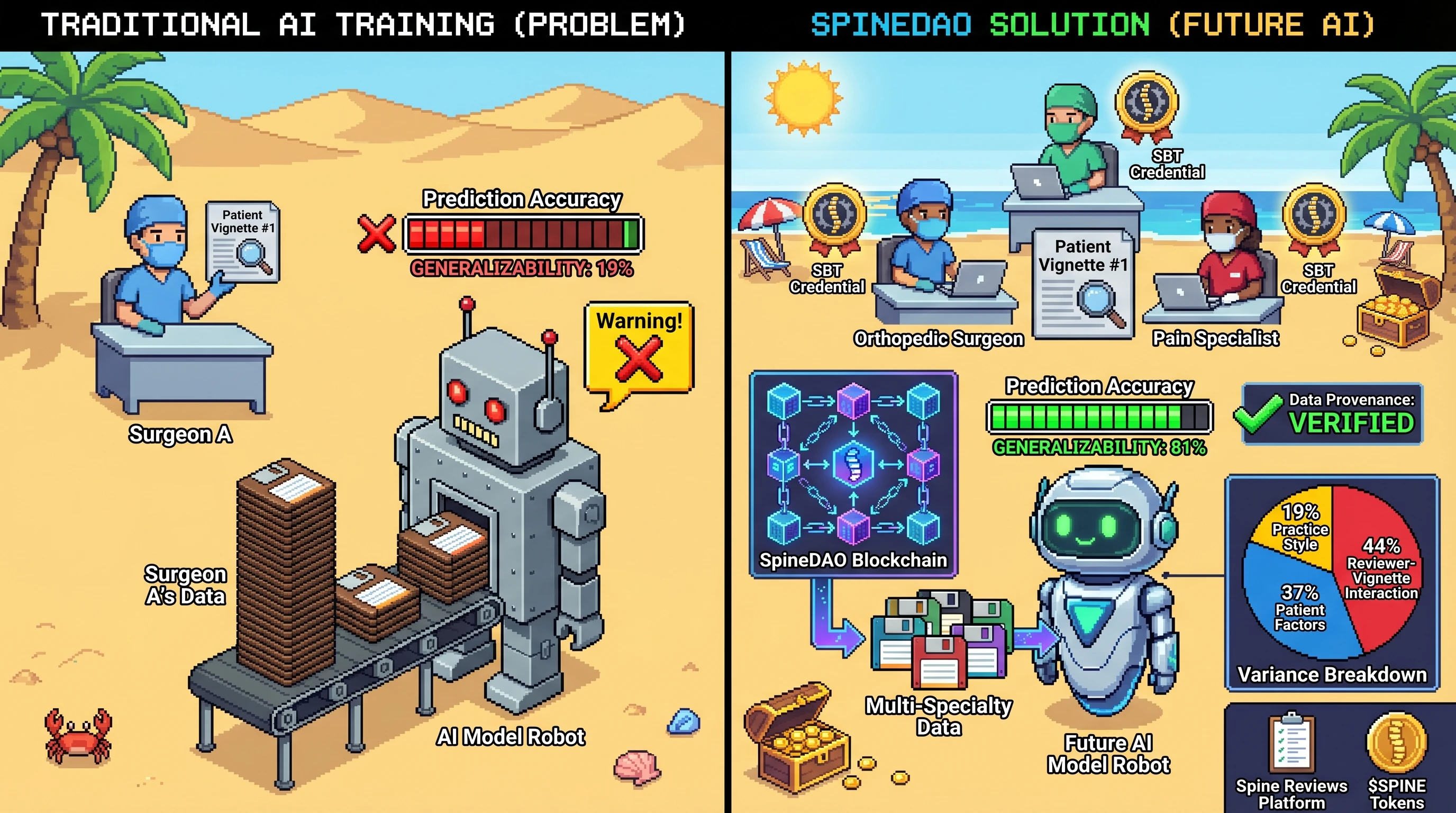 Infographic for: Hypothesis: 44% of spine treatment decisions cannot be predicted from patient severity or surgeon specialty alone — requiring multi-reviewer, multi-specialty training data for generalizable clinical AI