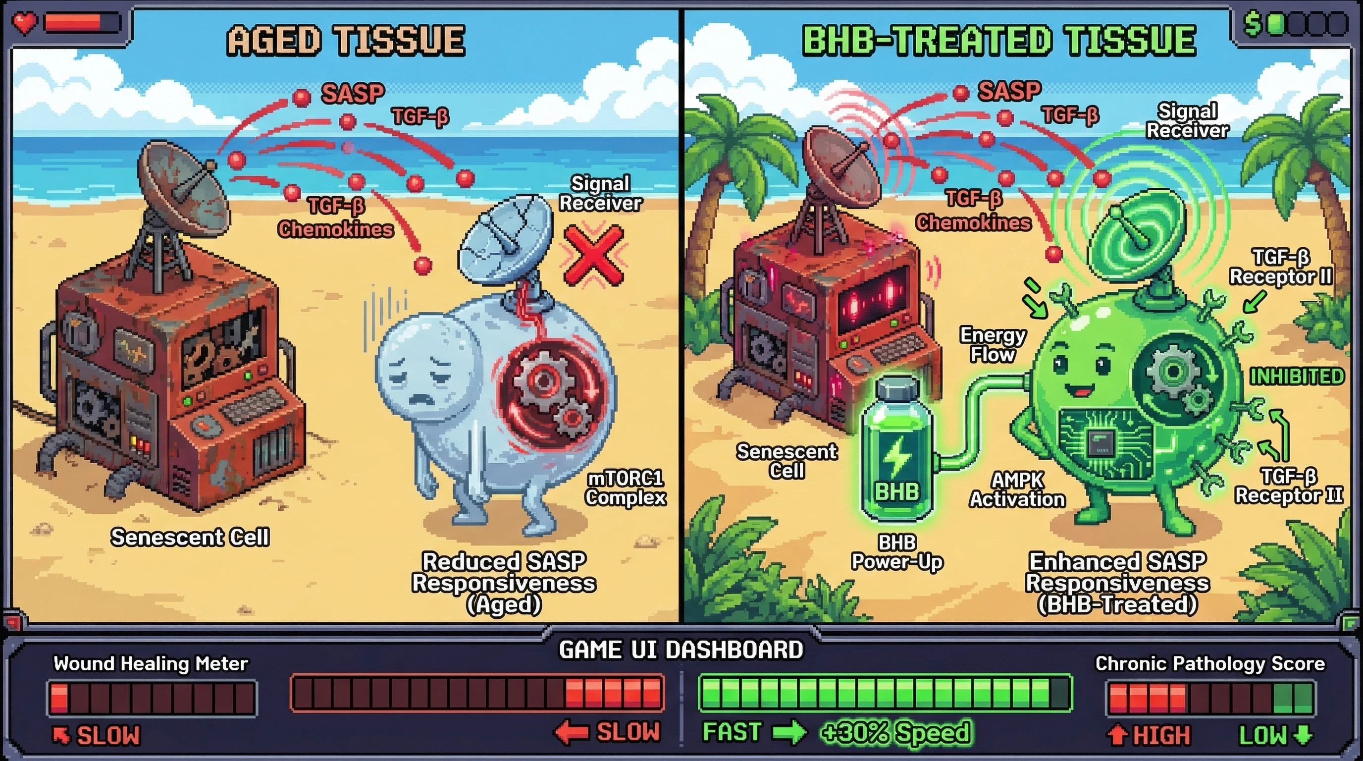 Infographic for: Beta-Hydroxybutyrate May Restore Younger Cells' Responsiveness to Senescent SASP Signals, Preserving Transient Senescence Benefits While Mitigating Chronic Accumulation Pathology