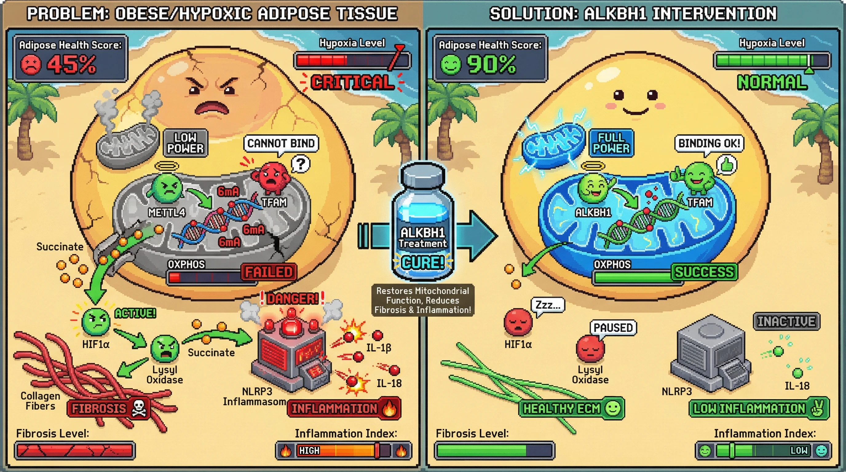 Infographic for: Mitochondrial 6mA Epigenetics Drives Adipose Fibrosis via Succinate‑Mediated HIF1α/NLRP3 Crosstalk