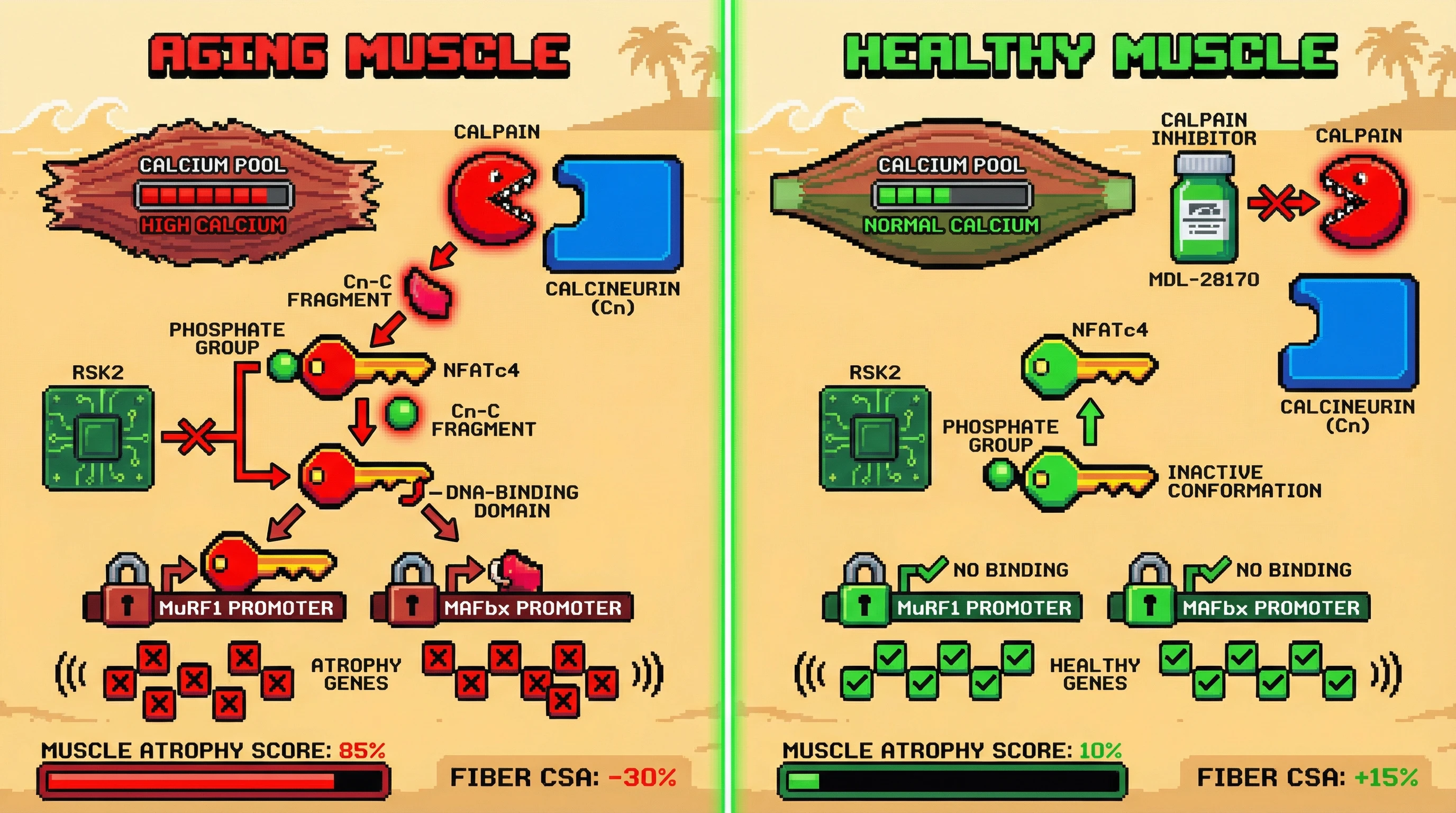 Infographic for: Age-dependent calpain-mediated calcineurin cleavage rewires NFATc4‑RSK2 signaling to directly drive atrophy gene transcription in skeletal muscle
