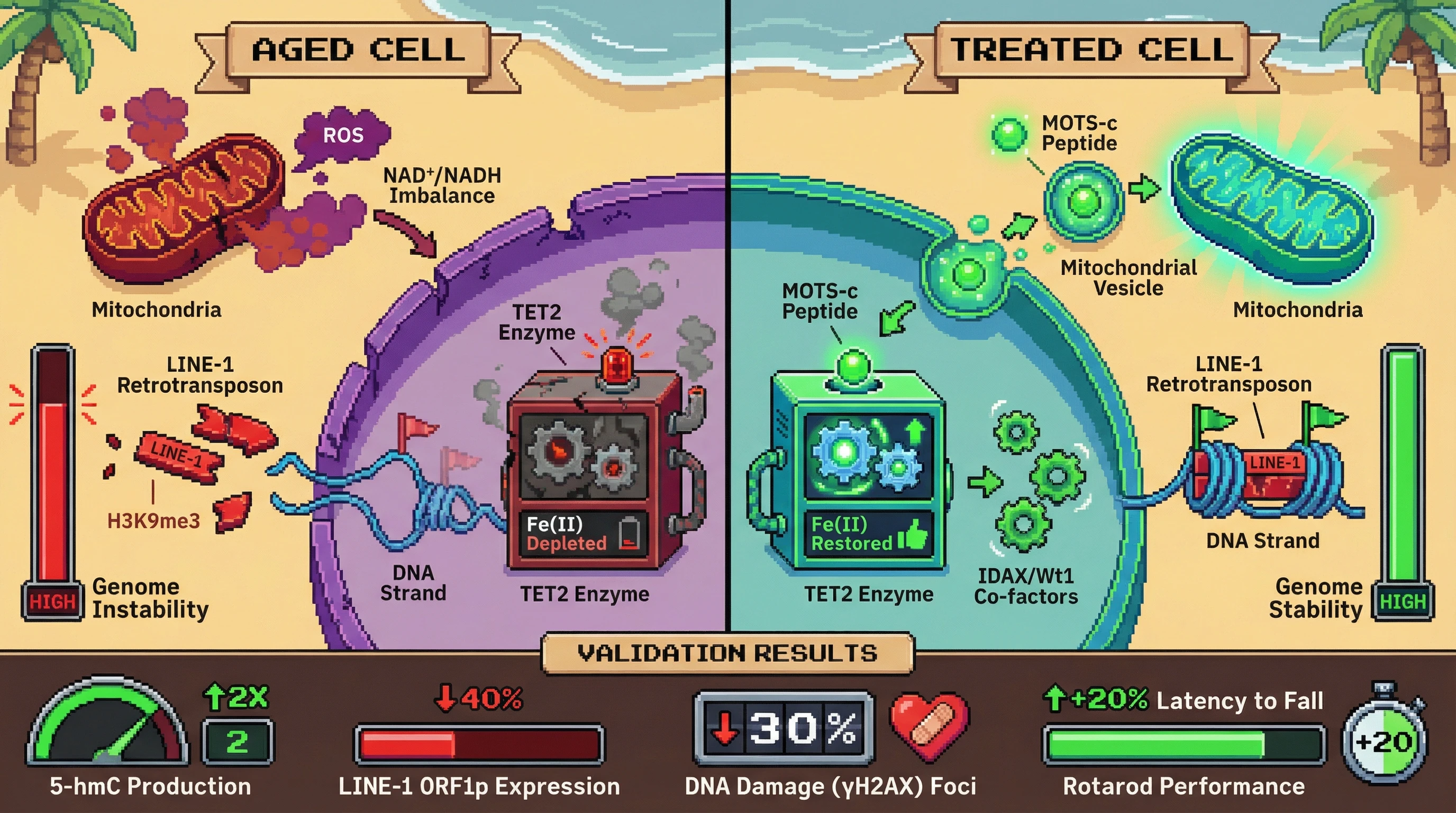 Mechanism: Mitochondrial-derived peptides (MOTS-c) enhance TET2 enzyme activity, restoring heterochromatin and silencing active retrotransposons. Readout: Readout: This process reduces LINE-1 expression and DNA damage, while significantly improving rotarod performance in aged mice.