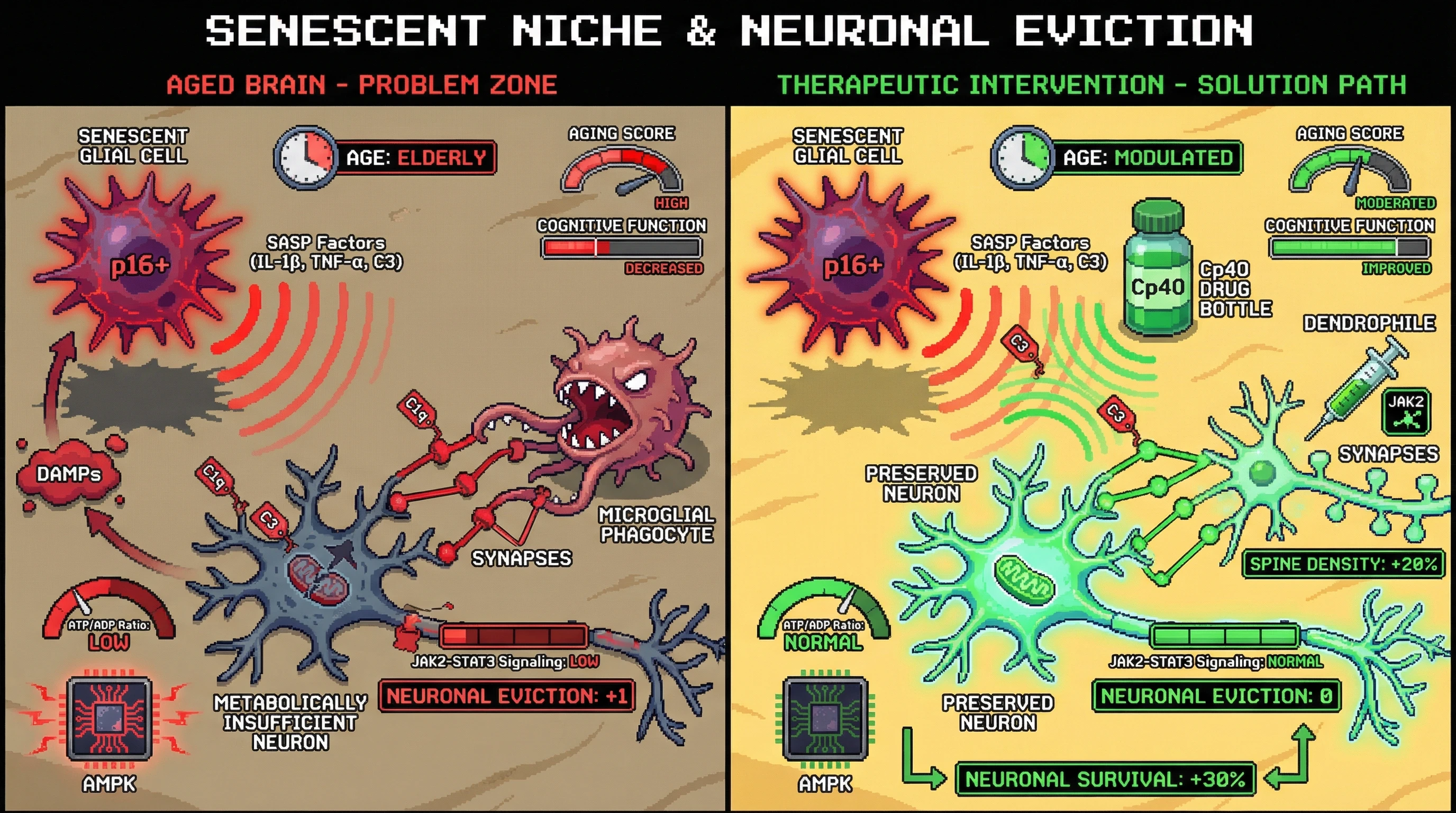 Infographic for: Senescent Cell Proximity Drives Metabolic Inefficiency Tagging and Complement-Mediated Neuronal Eviction in Aging Brain