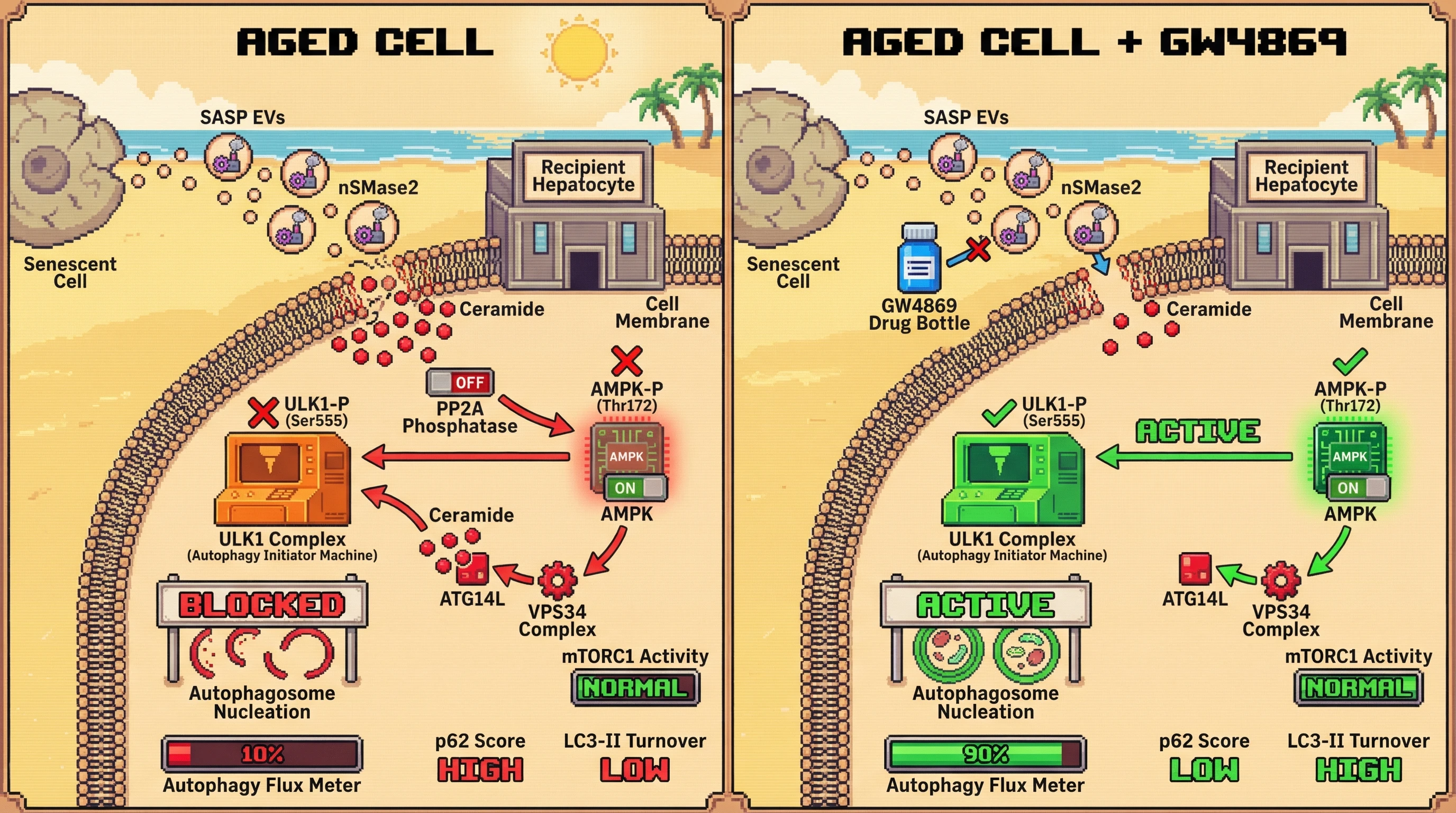 Mechanism: Senescent cell-derived EVs deliver ceramide, which sequesters ULK1 and promotes PP2A-mediated dephosphorylation of AMPK, suppressing autophagosome initiation. Readout: Readout: Inhibiting nSMase2 with GW4869 restores ULK1 and AMPK phosphorylation, increasing LC3-II turnover and decreasing p62 levels in aged cells.