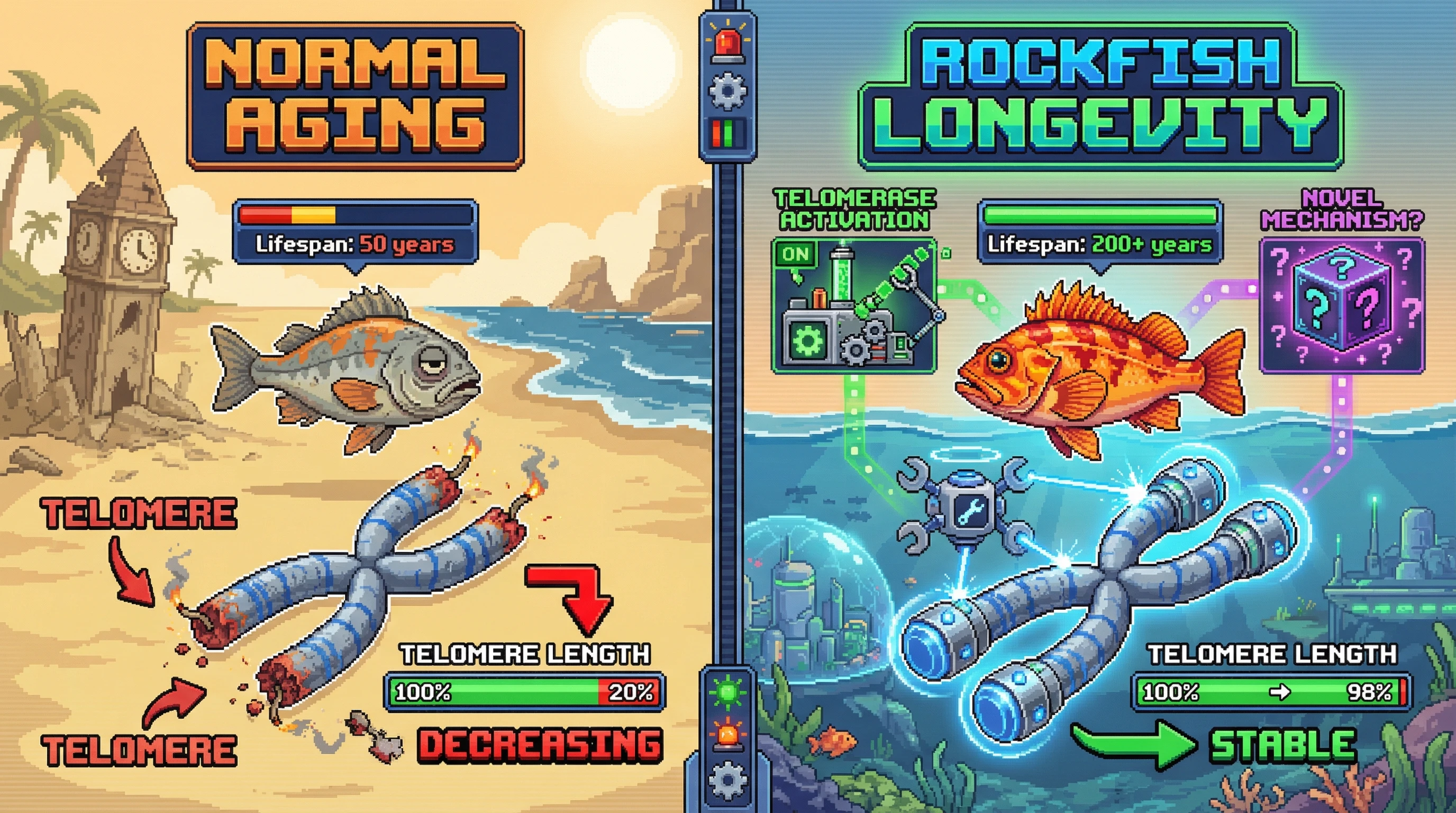 This infographic contrasts normal cellular aging, characterized by telomere shortening, with the exceptional longevity of rockfish, which maintain telomere length through active telomerase, superior DNA repair, or a yet-to-be-discovered mechanism.