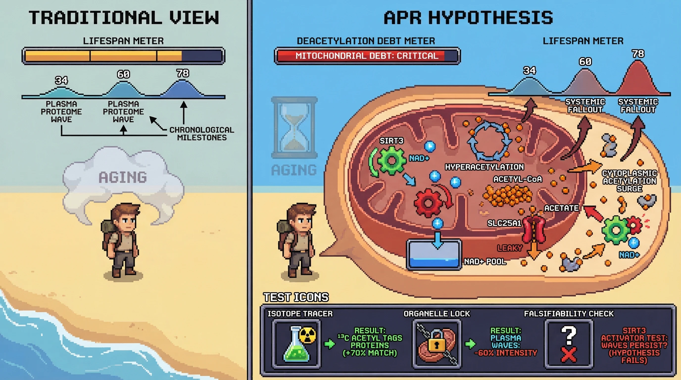 Infographic for: The Acetyl-Proteostasis Relay (APR) Hypothesis: Do Plasma Proteome Waves Reflect Mitochondrial 'Deacetylation Debt' Transduction?