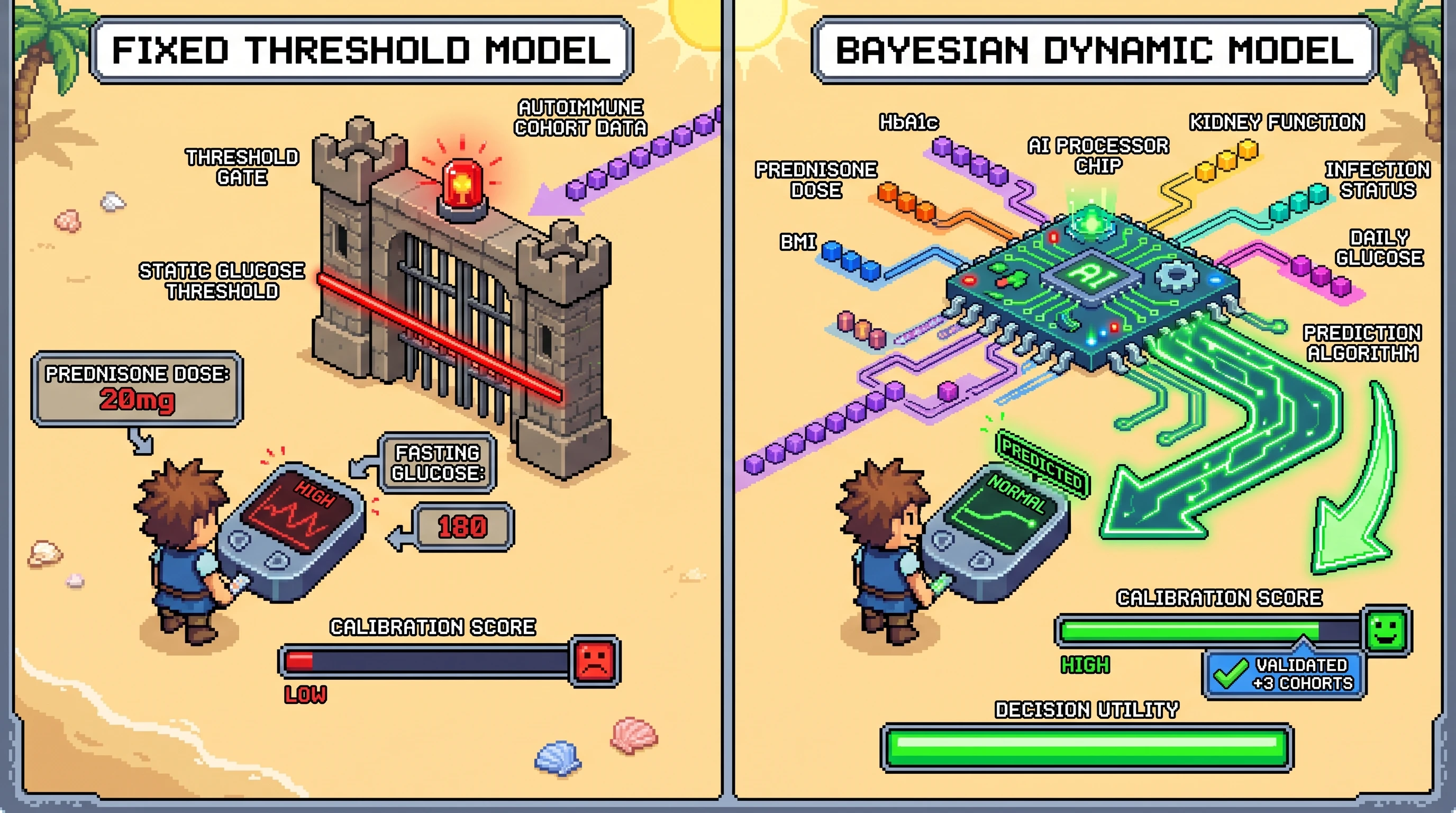 Infographic for: Hypothesis: Bayesian time-updated steroid hyperglycemia models will retain calibration across decentralized autoimmune cohorts better than fixed glucose-threshold rules