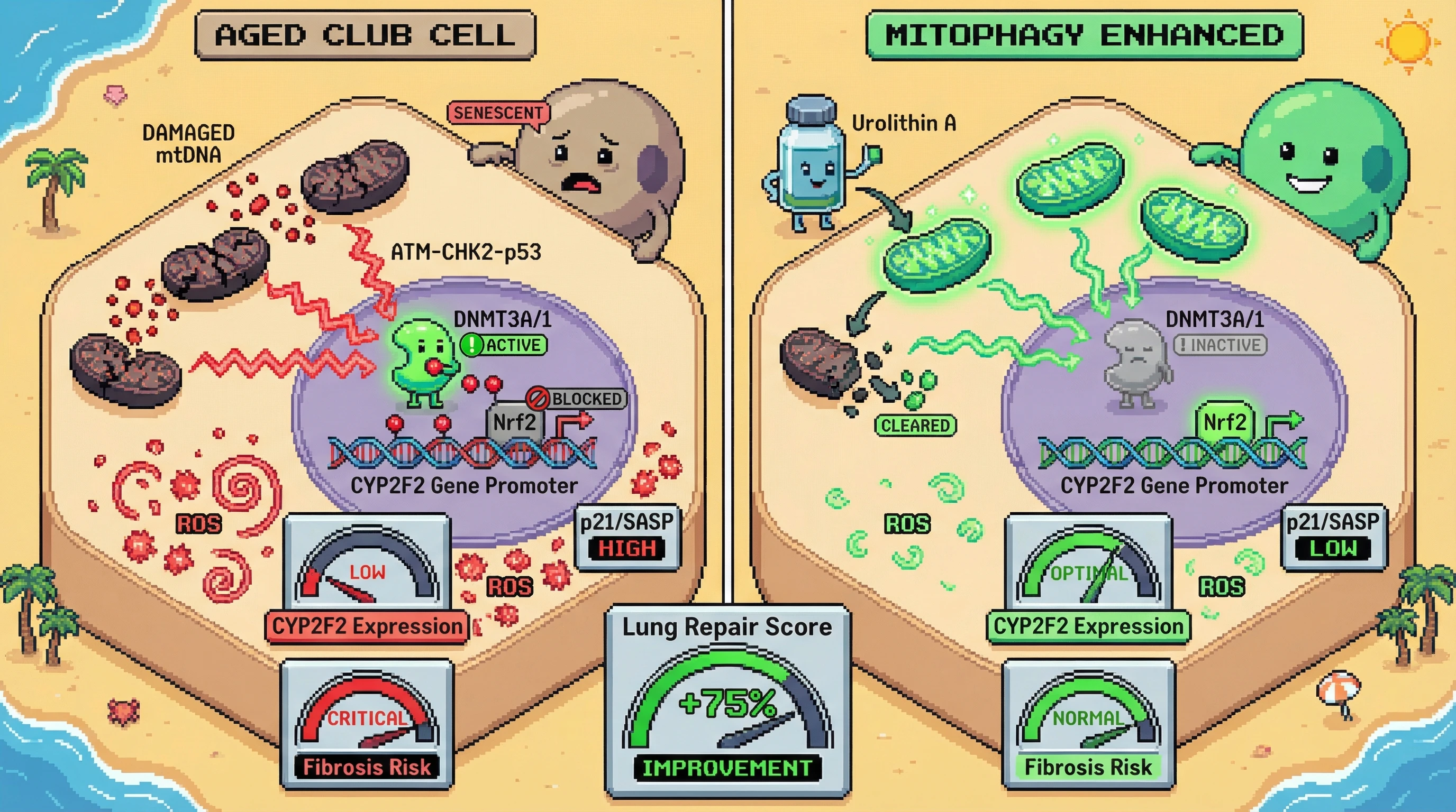 Infographic for: Mitochondrial DNA Damage-Driven Epigenetic Silencing of CYP450 Genes Underlies Club Cell Senescence and Impaired Lung Repair in Aging