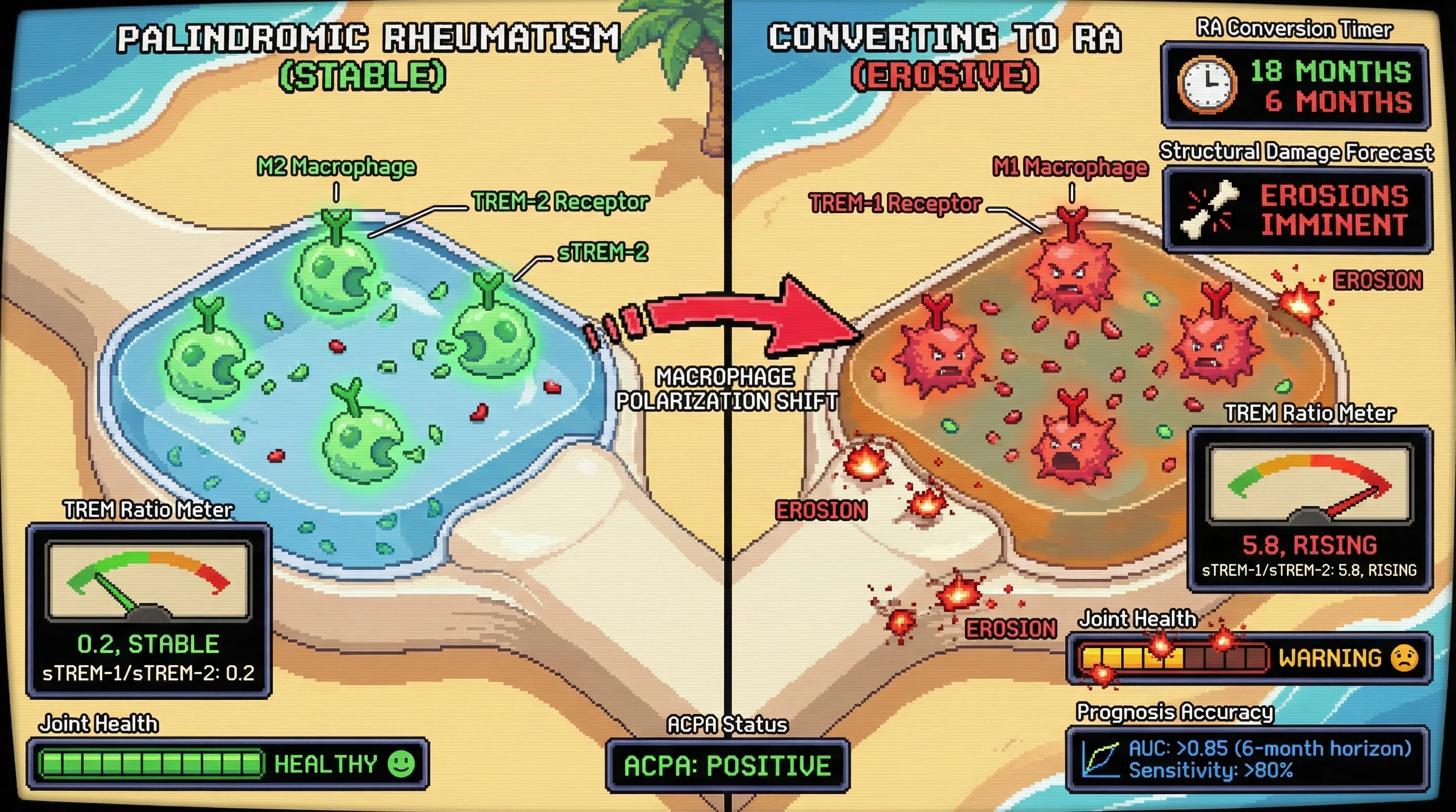 Infographic for: Serum Soluble TREM-1/TREM-2 Ratio Dynamics in Synovial Fluid Predict Erosive Progression in Palindromic Rheumatism 6–18 Months Before Conversion to Established Rheumatoid Arthritis