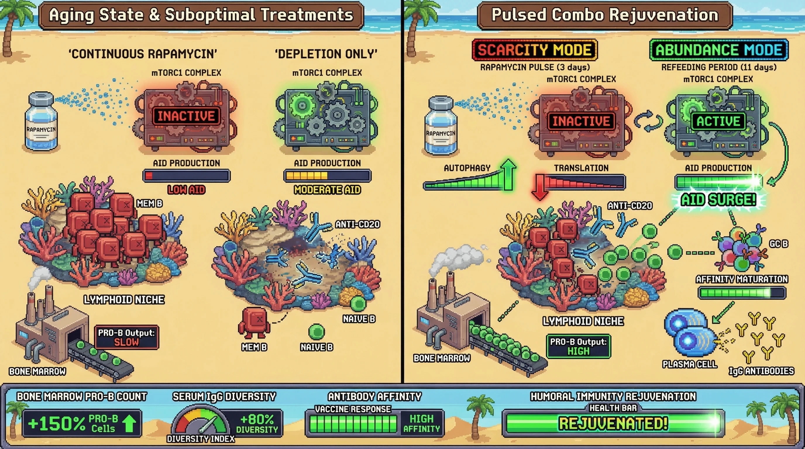 Infographic for: Pulsed mTOR Inhibition Combined with B Cell Depletion Rejuvenates Humoral Immunity by Creating Space for mTOR‑Dependent Naïve Output
