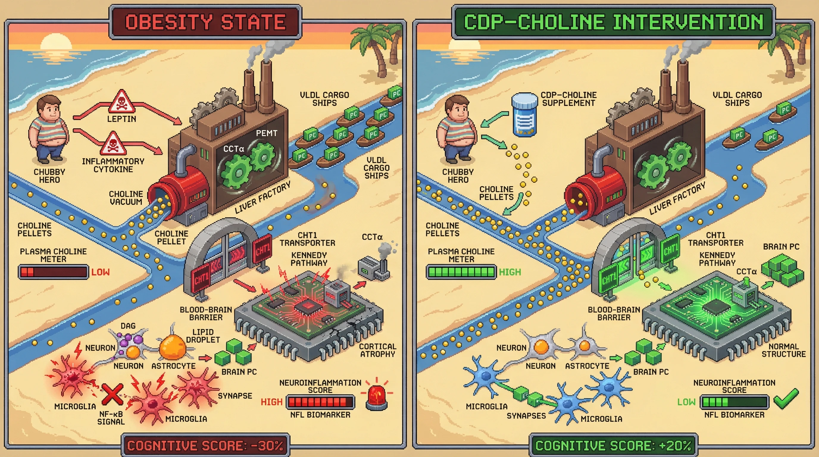 Mechanism: Obesity drives hepatic choline diversion for VLDL export, reducing brain choline availability and impairing the Kennedy pathway, leading to neuroinflammation and synaptic loss. Readout: Readout: CDP-choline supplementation increases plasma choline, normalizes brain Kennedy pathway activity, and improves cognitive composite scores by 20%.