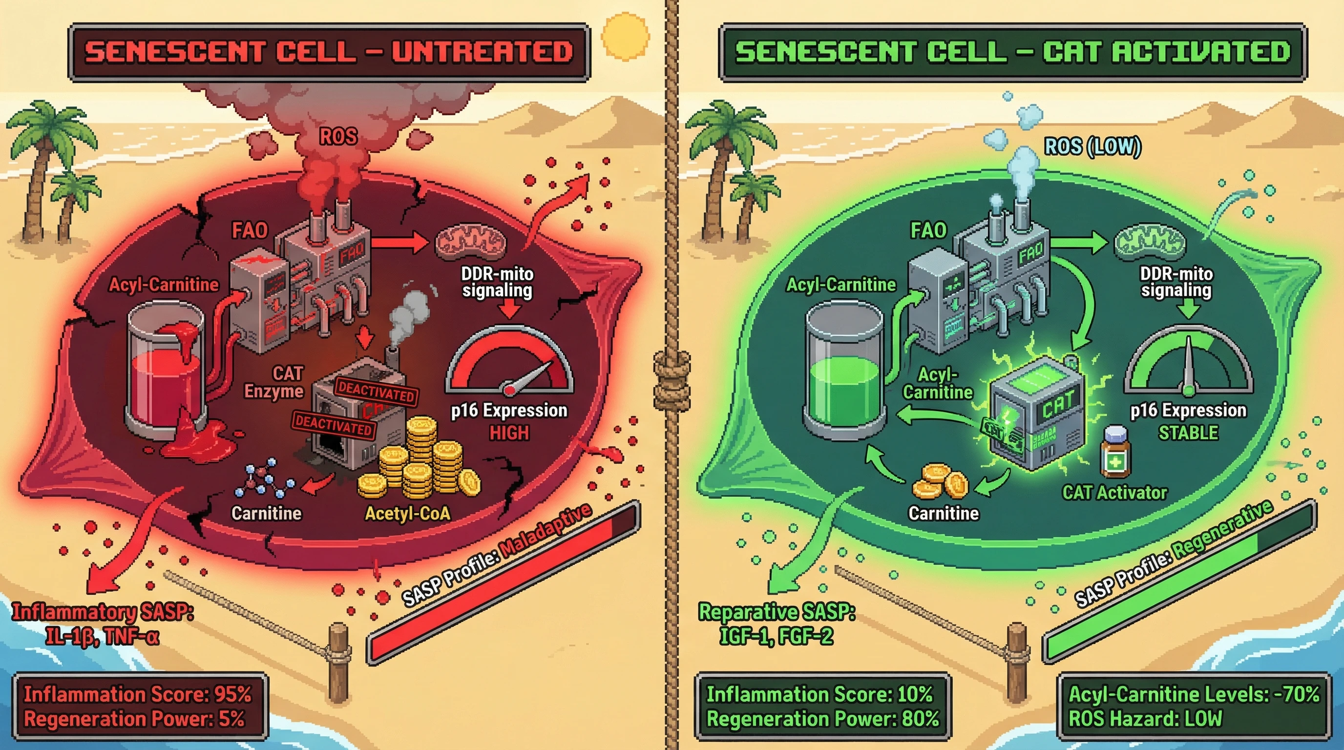 Infographic for: Targeting Carnitine Acetyltransferase Activity to Senescence‑Dependent Metabolic Switching Preserves Beneficial SASP While Preventing Chronic Accumulation