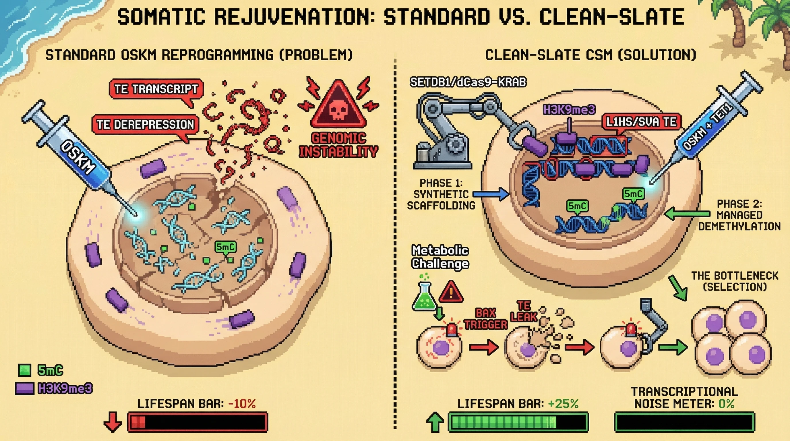 Mechanism: The Clean-Slate Compensatory Scaffolding Model (CSM) first reinforces heterochromatin at TEs via SETDB1, then performs managed demethylation with OSKM + TET1, followed by a selection bottleneck to remove cells with stochastic TE derepression. Readout: Readout: This two-stage approach prevents transcriptional noise and TE derepression, leading to a significant increase in lifespan and a clean epigenetic clock reset compared to standard OSKM.