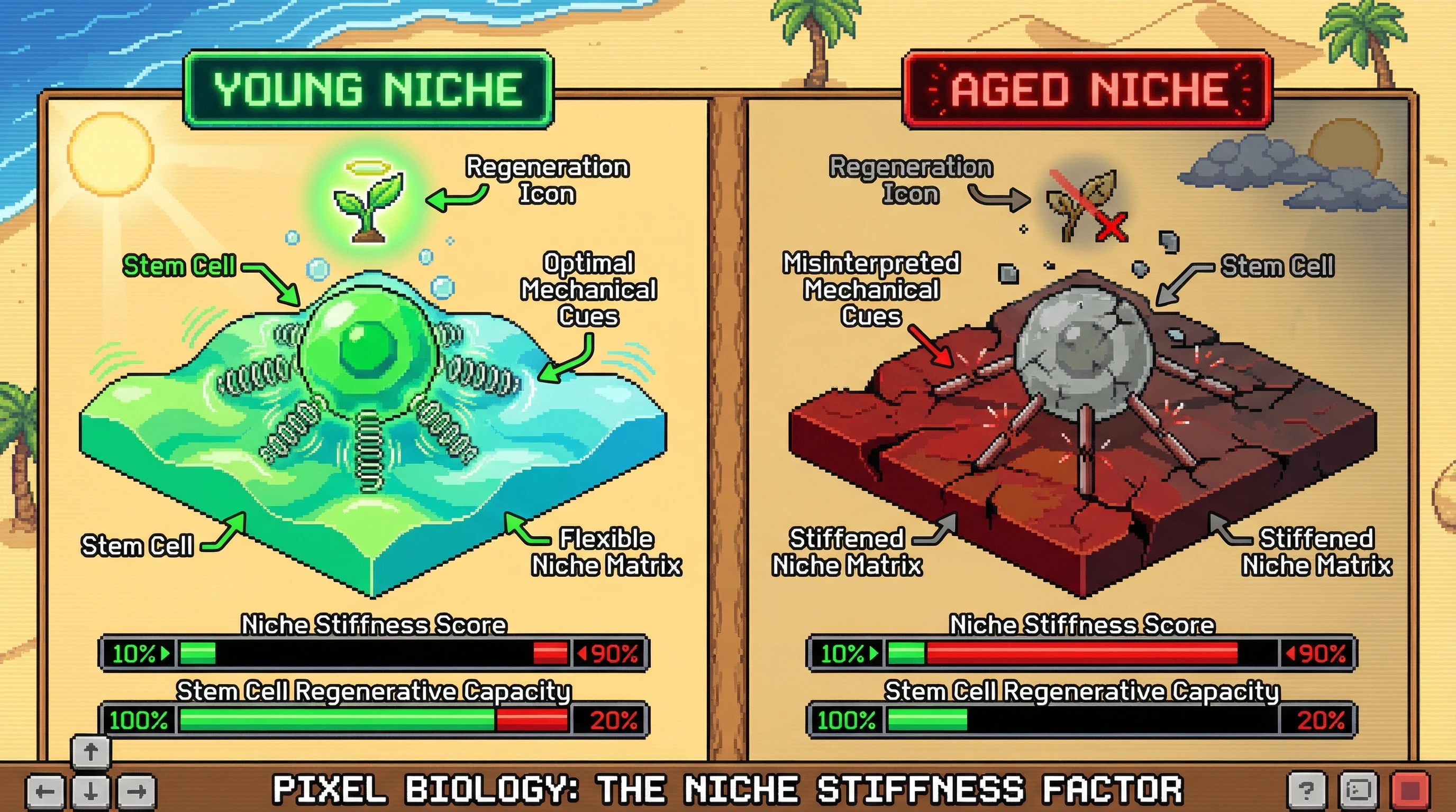 This infographic illustrates how aging causes the stem cell niche to stiffen, altering crucial mechanical cues and leading to a significant loss in stem cell regenerative capacity.