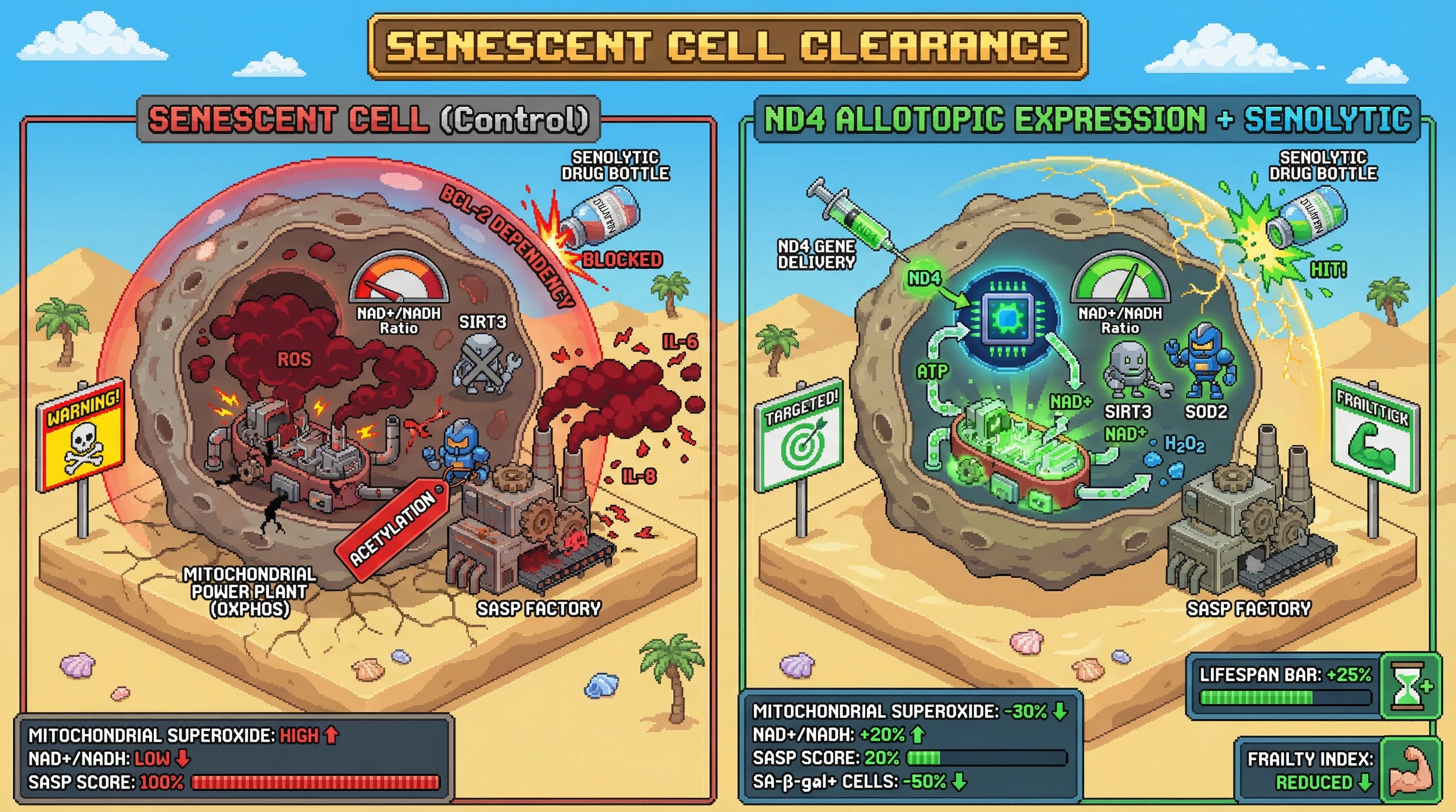 Infographic for: Allotopic Expression of Mitochondrial Genes Primes Senescent Cells for Senolytic Clearance by Resetting NAD+-Dependent SIRT3 Signaling