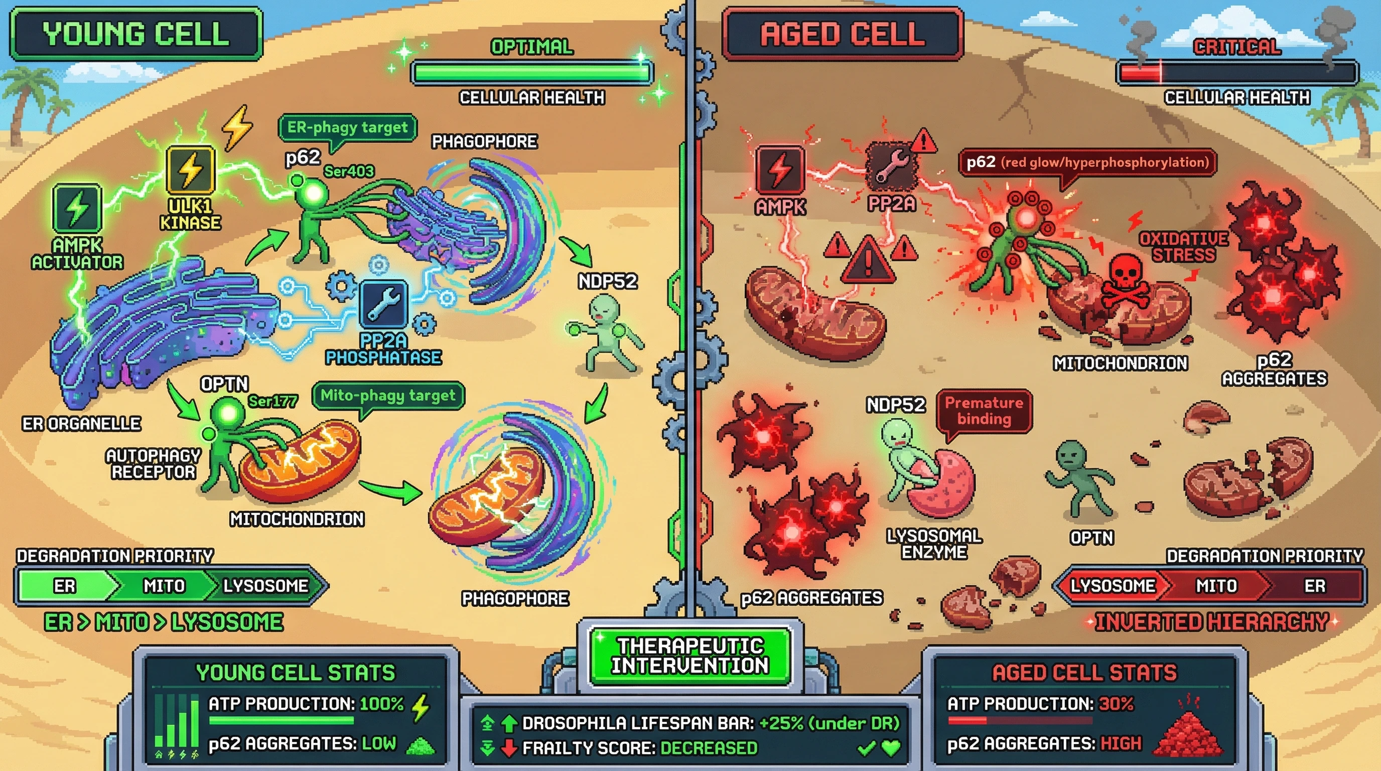 Mechanism: Aging disrupts the phosphorylation-based hierarchy of autophagy receptors (p62, OPTN, NDP52), leading to mis-ordered organelle degradation. Readout: Readout: This causes premature mitochondrial loss and aggregate accumulation, which can be reversed by correcting the phospho-code, extending lifespan and reducing frailty.
