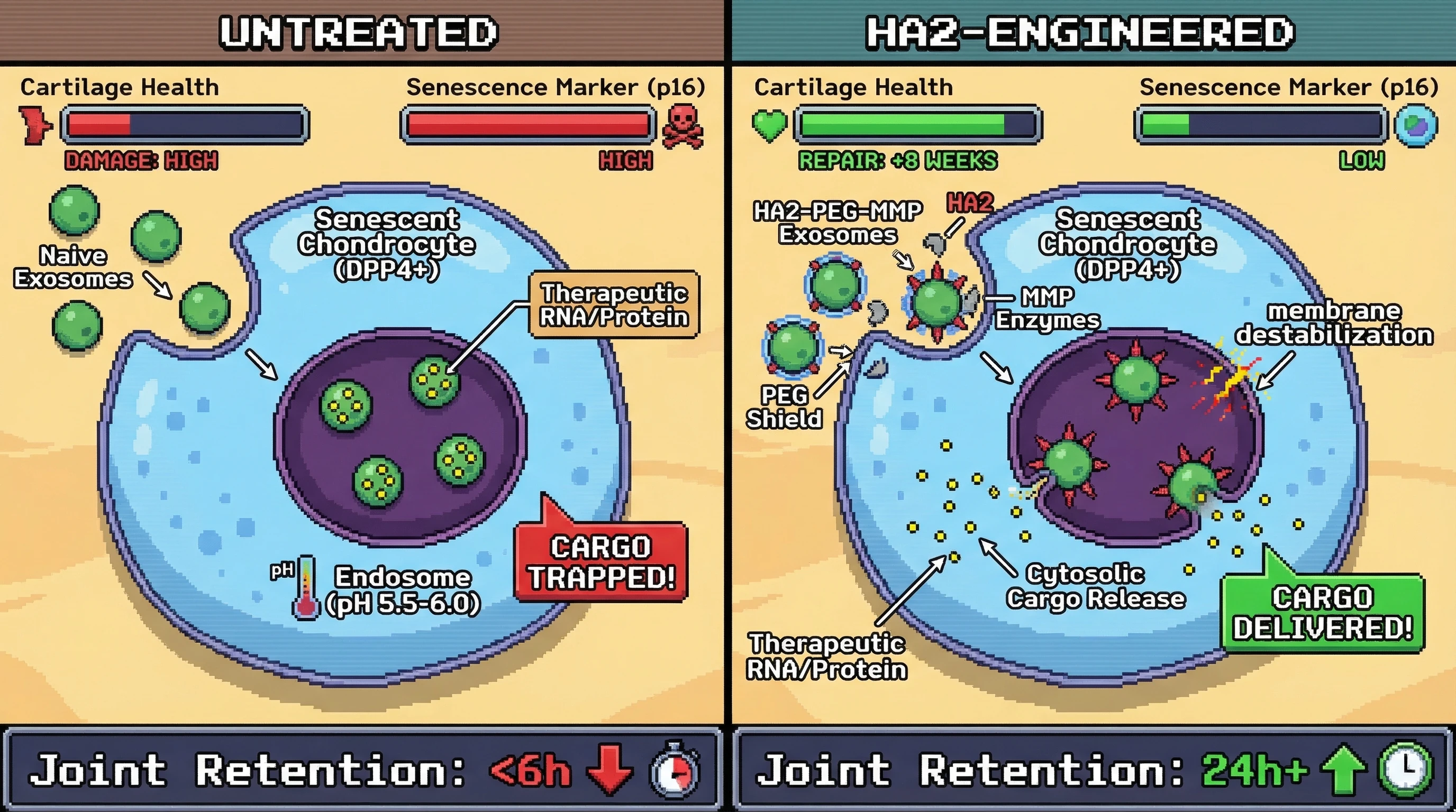 Mechanism: Engineered HA2-exosomes overcome endosomal trapping in senescent chondrocytes by using MMP-cleavable PEG shields and pH-responsive HA2 peptides to release cargo into the cytosol. Readout: Readout: This leads to reduced senescence markers and increased cartilage repair over 8 weeks, alongside prolonged joint retention of 24+ hours.