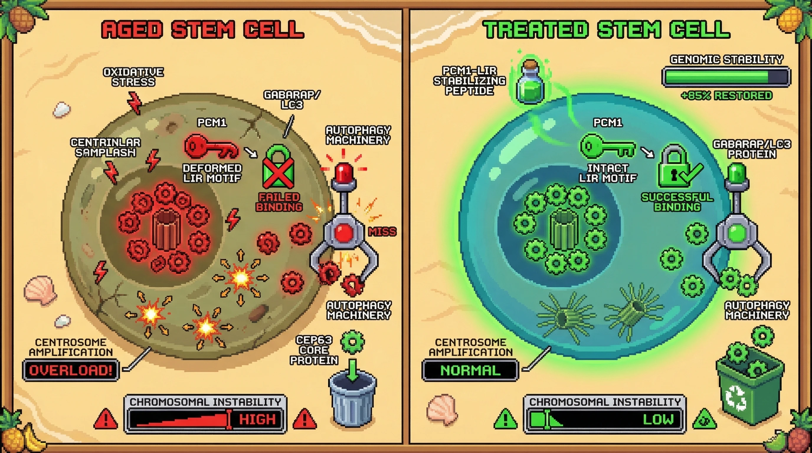 Mechanism: Oxidative stress in aged stem cells modifies PCM1, disrupting its LIR-GABARAP binding and preventing autophagy of centriolar satellites, leading to centrosome amplification. Readout: Readout: Stabilizing the PCM1-GABARAP interaction restores satellite clearance, reducing centrosome amplification and chromosomal instability, with Genomic Stability restored by 85%.