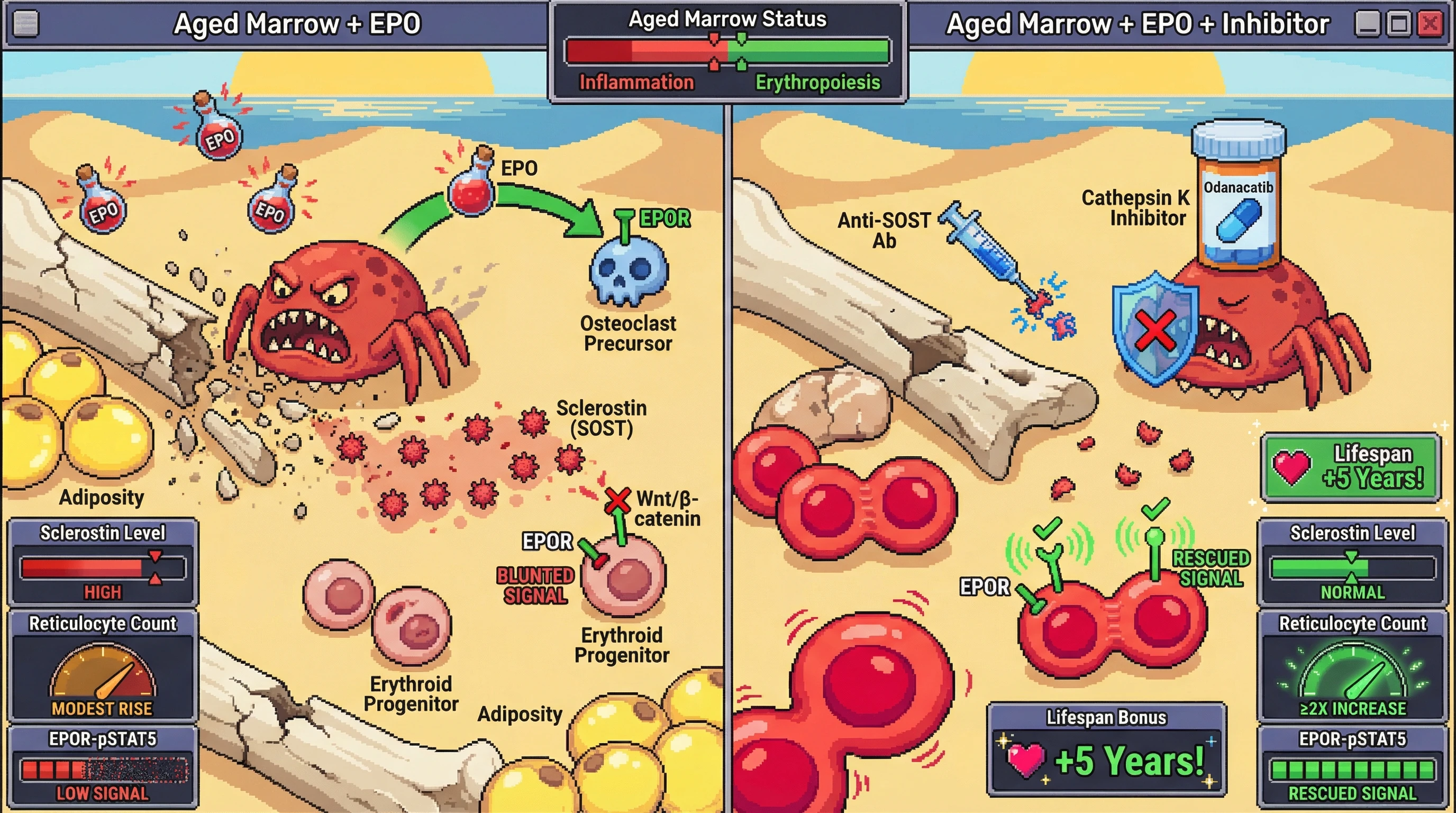Mechanism: Proposed pathway in "EPO‑induced osteoclast‑derived sclerostin creates a negative feedback loop that limits erythropoiesis in aging marrow" links the intervention to the biological effect. Readout: Expected marker shifts are visualized with clear directional changes.